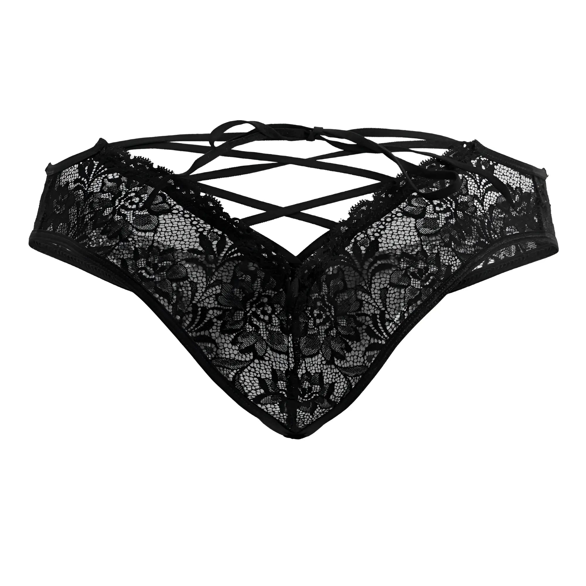 Black lace thong candyMan 99784 with intricate floral patterns and crisscrossing back straps shown from the back side