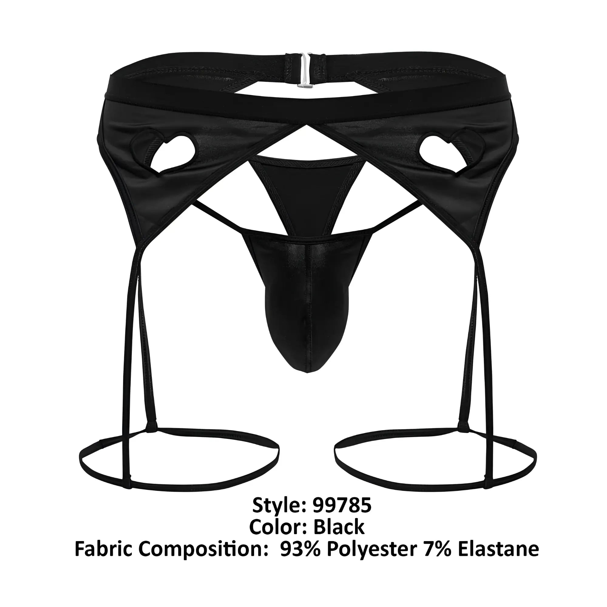 Black mens thong candy man 99785 garter outfit with high waisted cut out design and adjustable leg straps