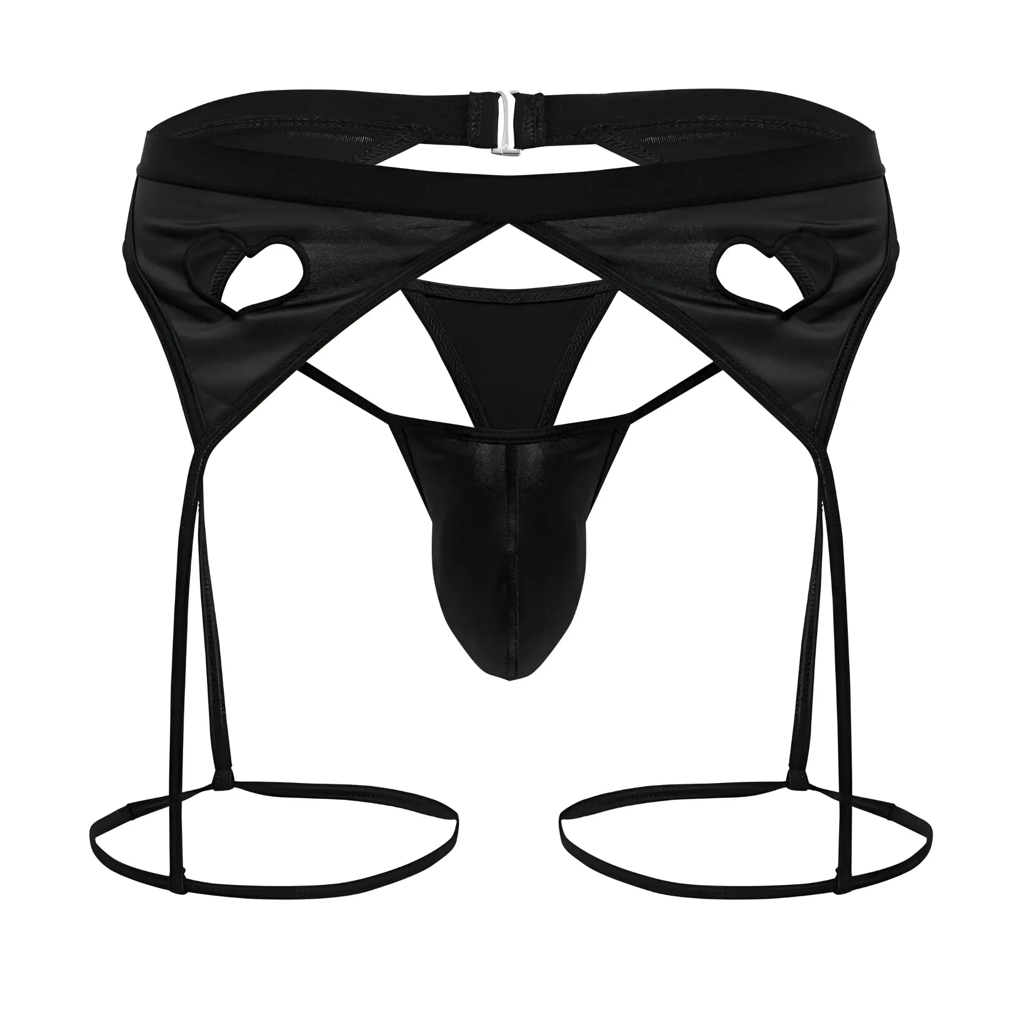 CandyMan 99785 black satin men’s garter belt with heart-shaped cutouts and adjustable straps
