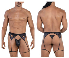 Black shiny faux leather thong with heart cutouts and matching leg straps from Candyman 99785 garter outfit