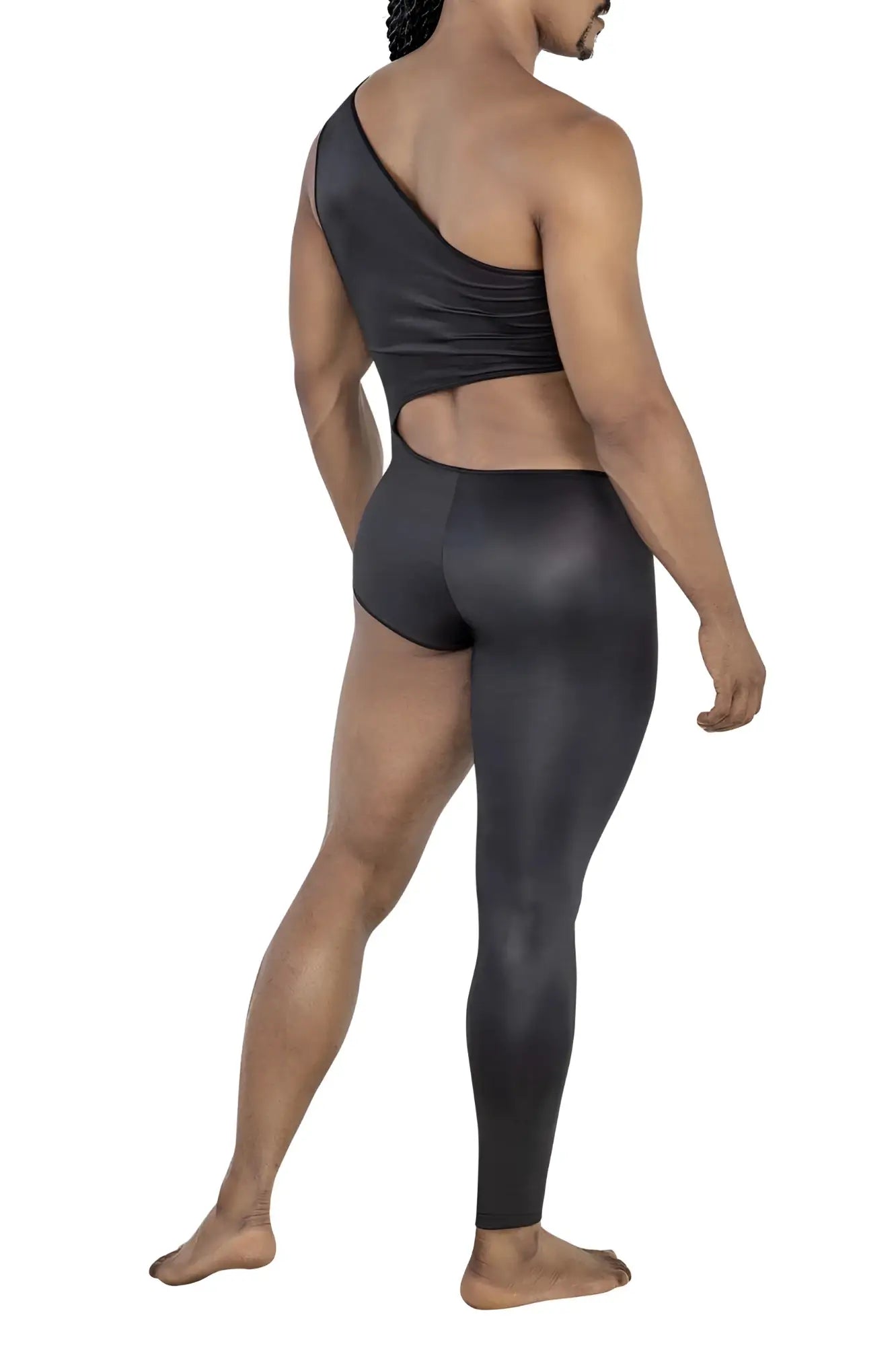 Black candyman 99786 one shoulder one leg bodysuit with cutout back and matching high waisted shiny leggings