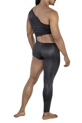 Black candyman 99786 one shoulder one leg bodysuit with cutout back and matching high waisted shiny leggings