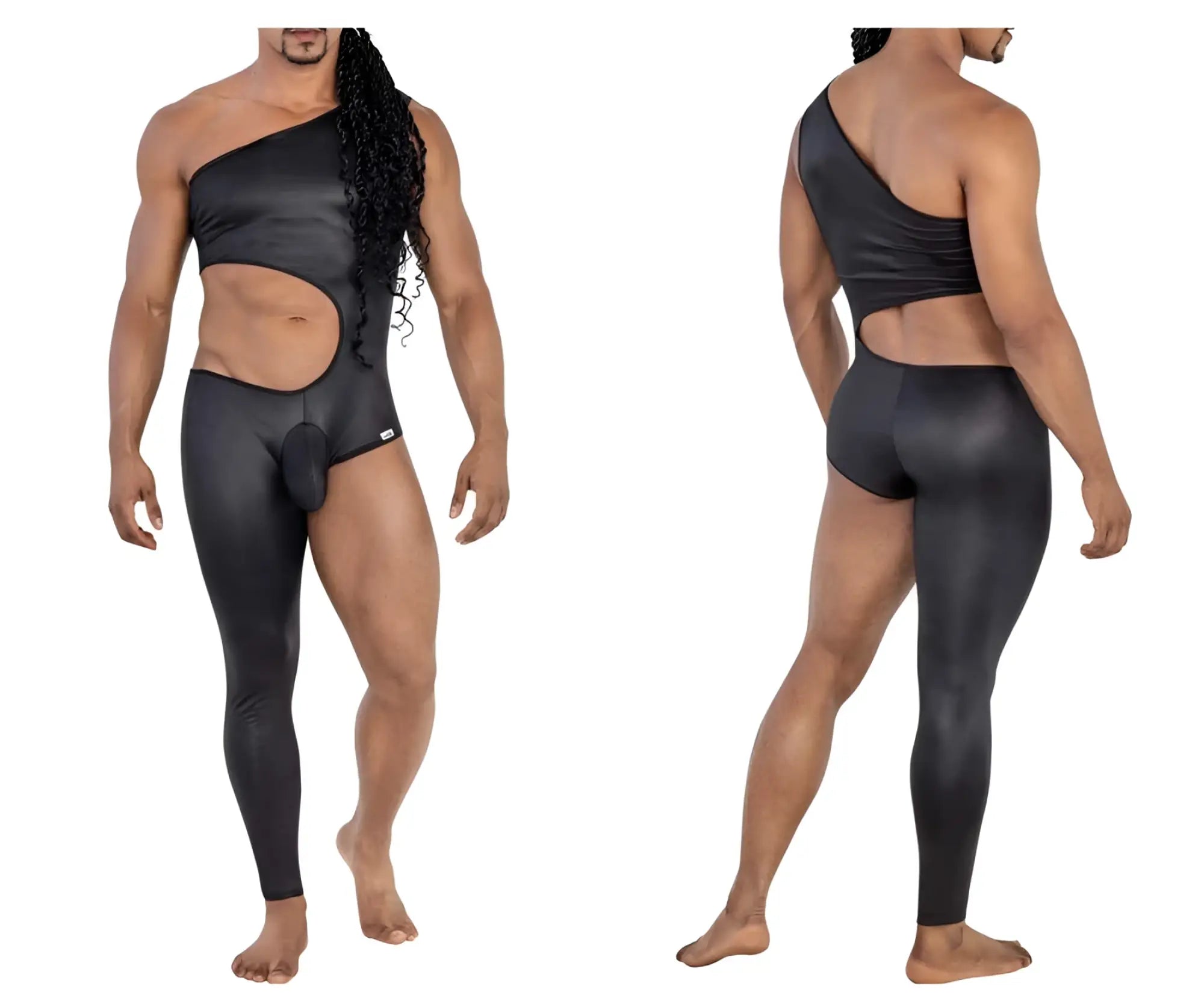Black candyMan 99786 one shoulder one leg bodysuit with side cutout and matching leggings for a stylish fit