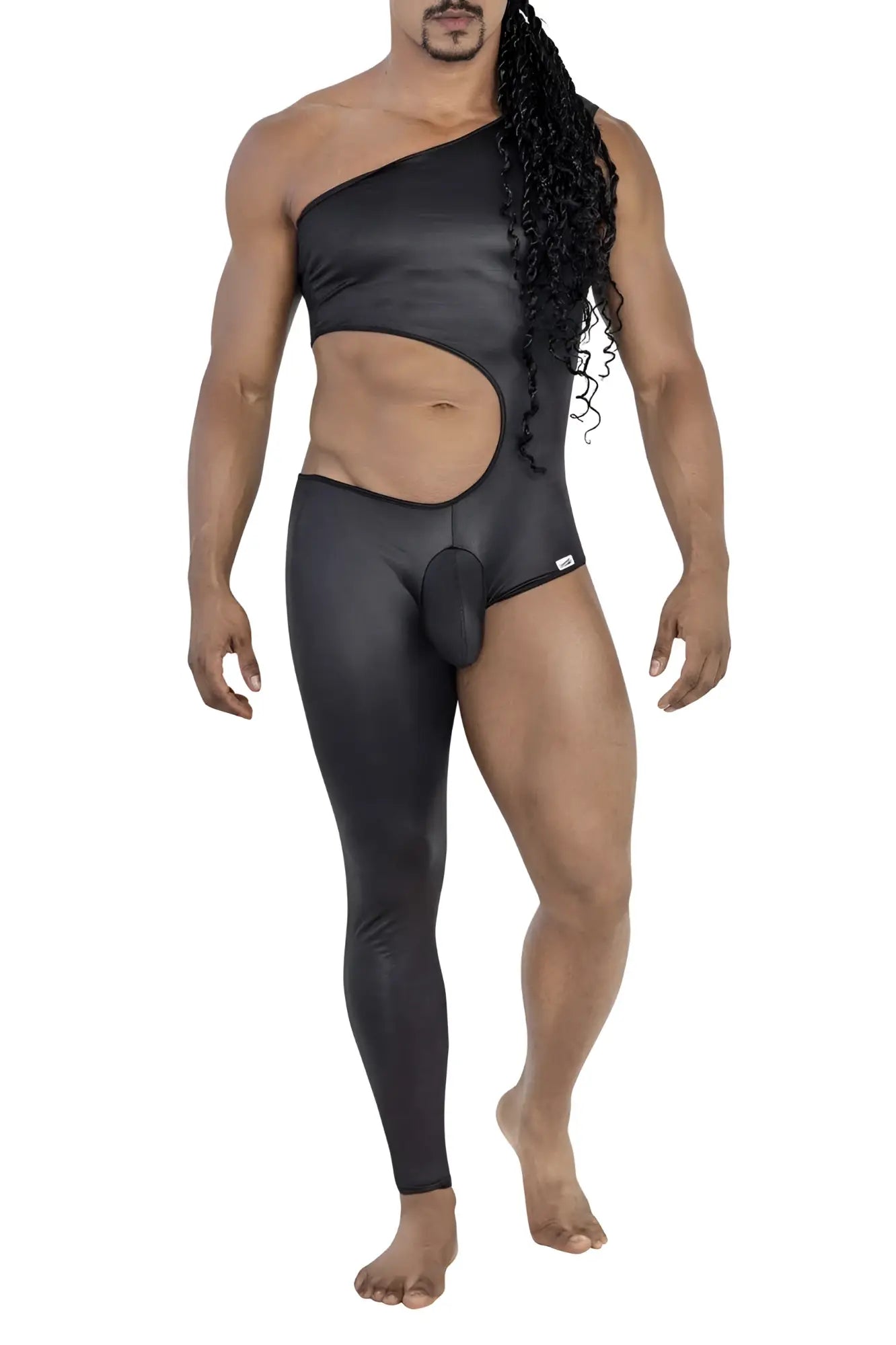 Black CandyMan 99786 one shoulder one leg bodysuit with glossy finish and cutout design