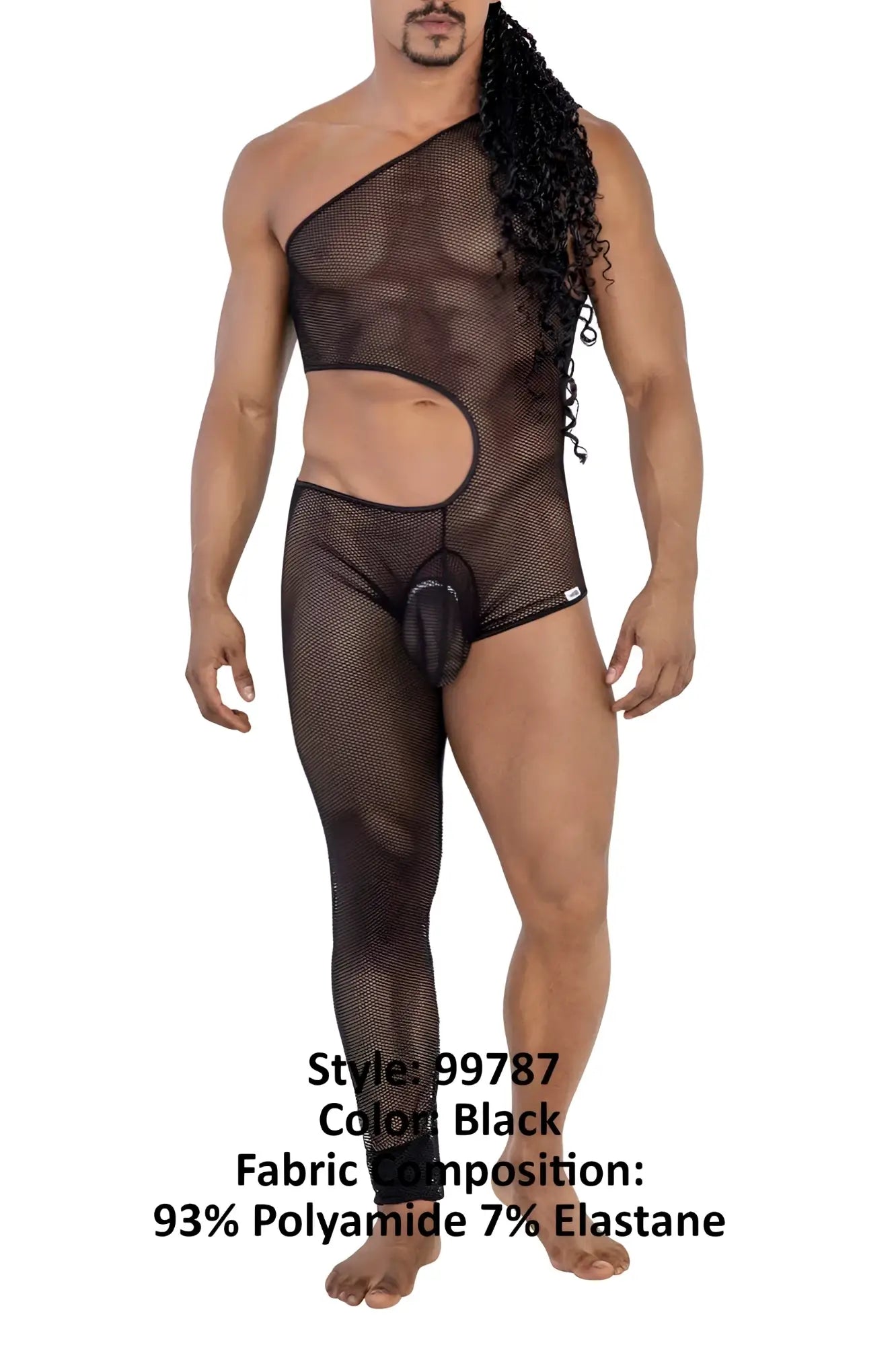 Black CandyMan 99787 one shoulder mesh bodysuit with side cutout and integrated pouch detail