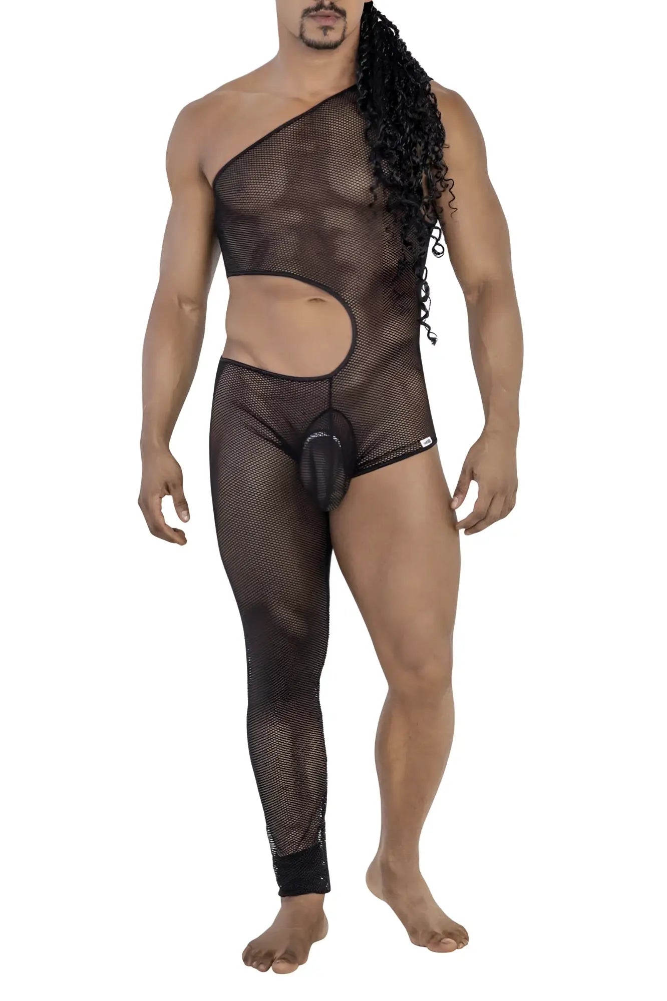 Black mesh candyMan 99787 one shoulder one leg bodysuit with cutout design and sequined cuffs