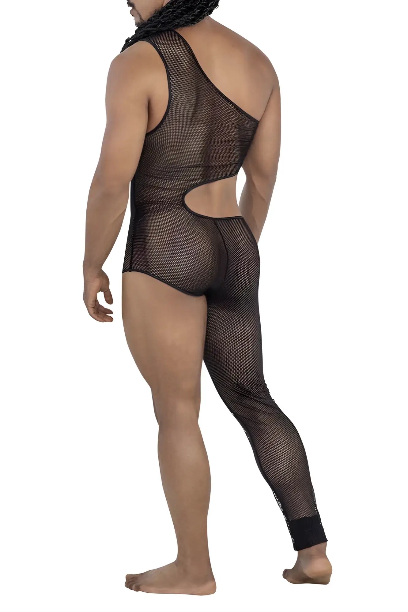Back view of CandyMan 99787 black one shoulder one leg mesh bodysuit with cutout and solid black cuffs