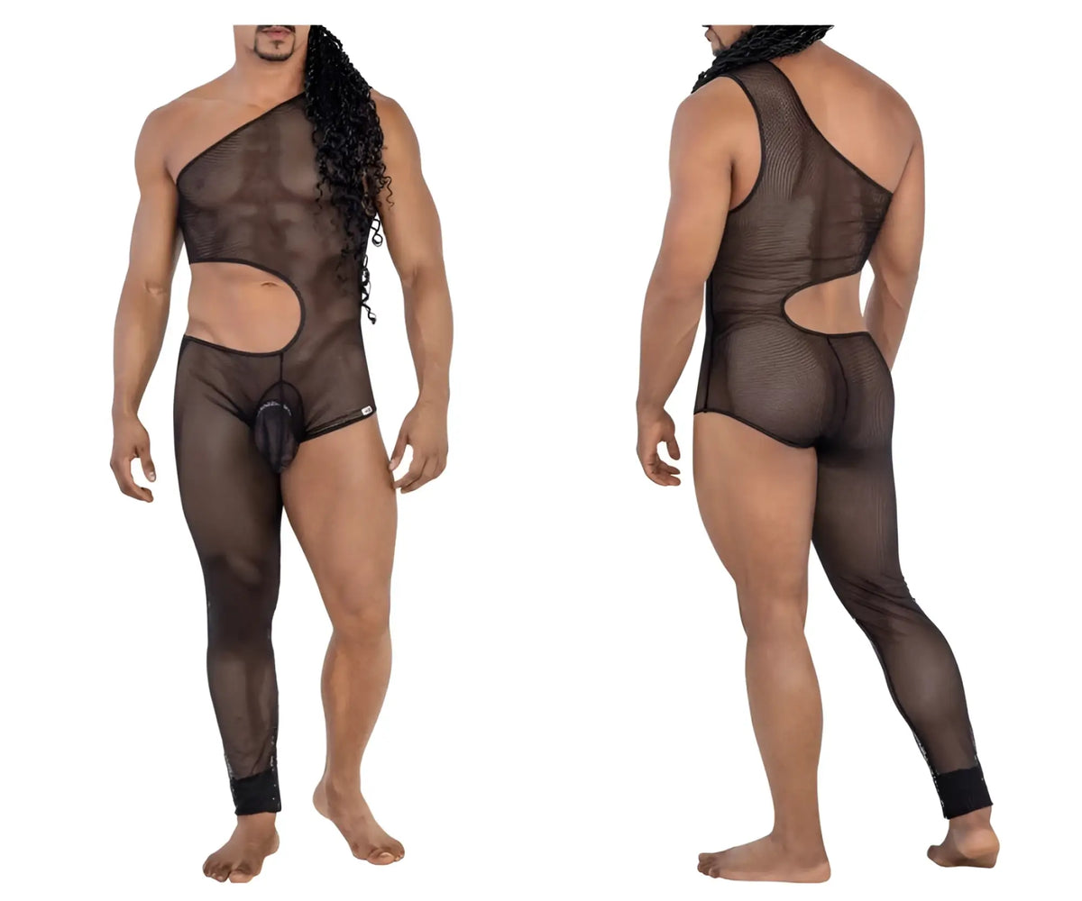 Black candyMan 99787 one shoulder one leg mesh bodysuit with side and back cutouts shown from the back side