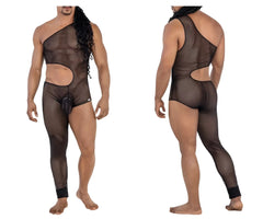 Black candyMan 99787 one shoulder one leg mesh bodysuit with side and back cutouts shown from the back side