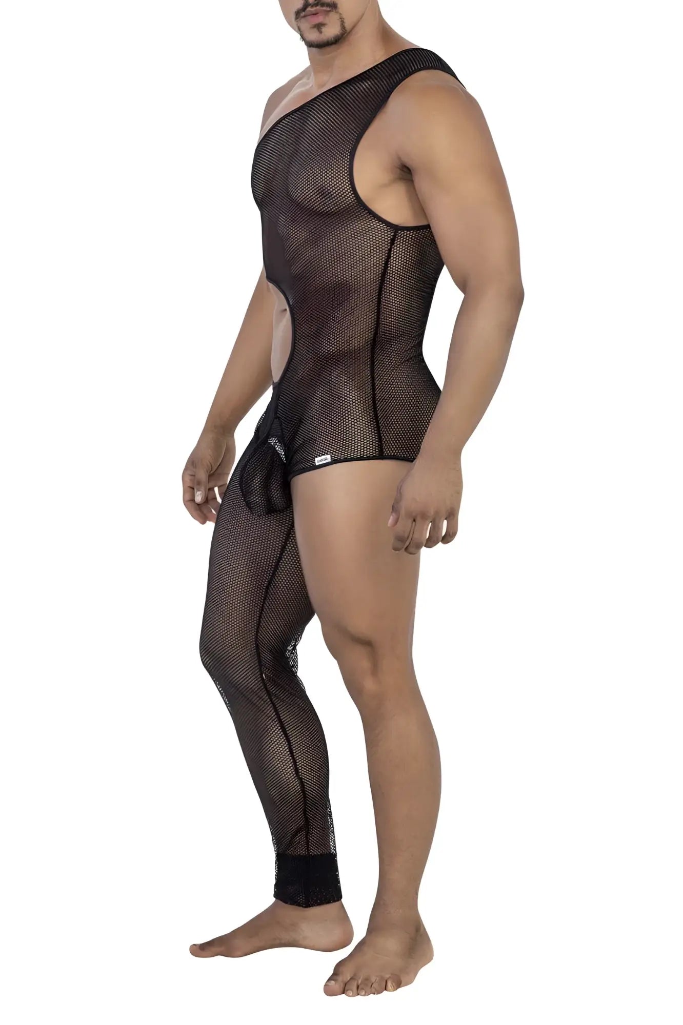 Black mesh one-piece CandyMan 99787 bodysuit with one shoulder strap and side cutouts