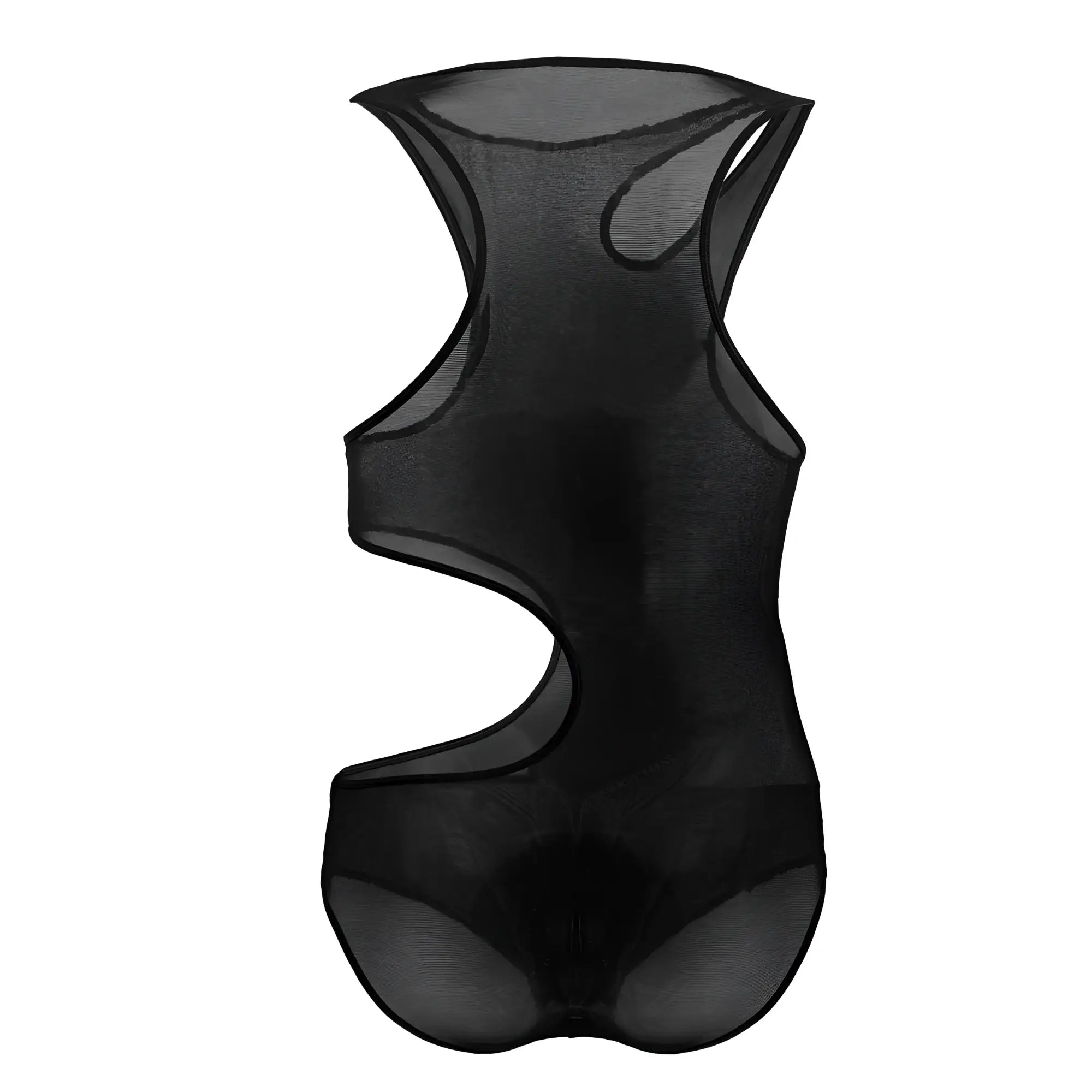 Black sheer mesh bodysuit by candyman with cut out design in black color for stylish lingerie look