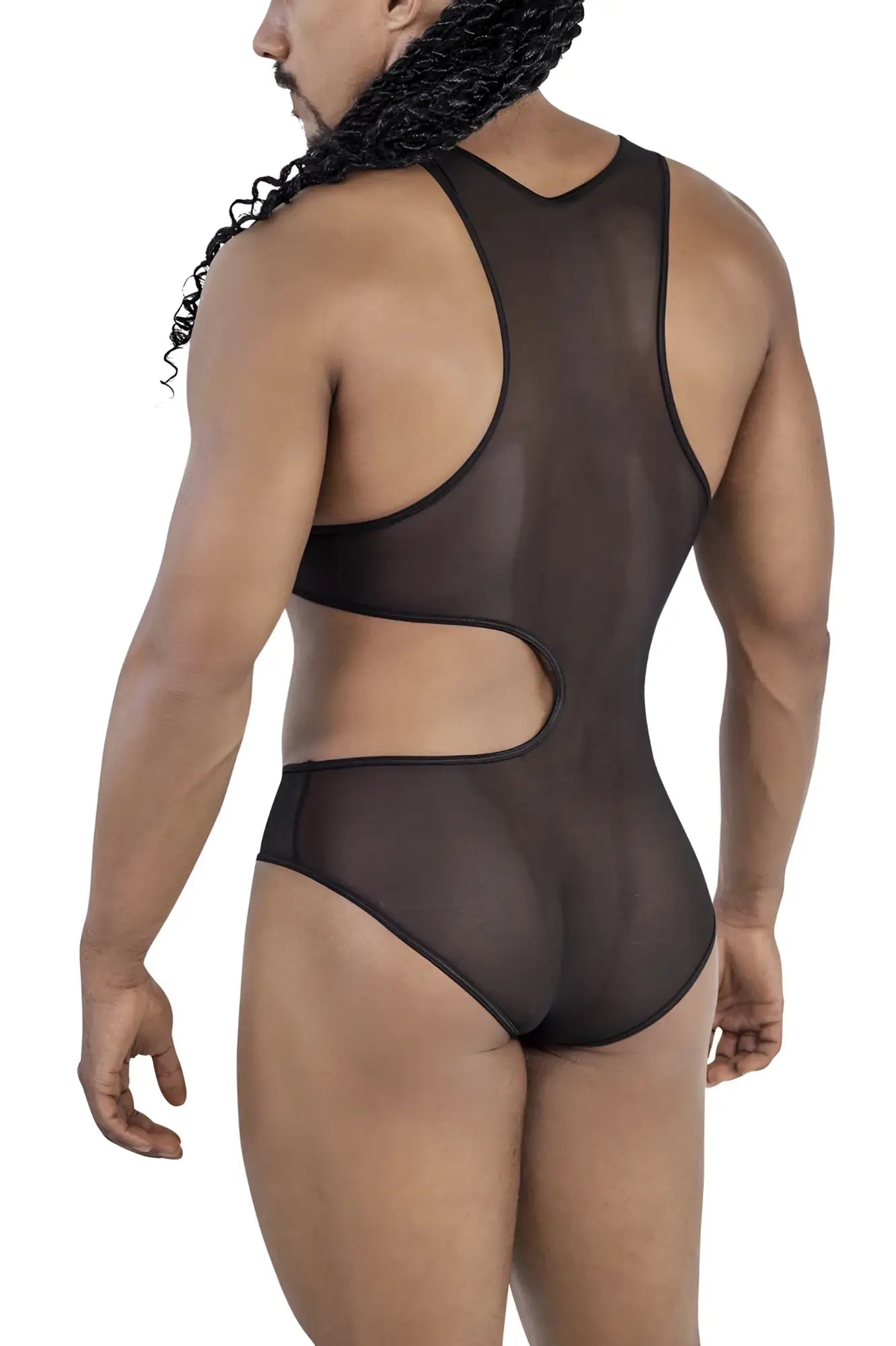 Black sheer mesh one-piece bodysuit with cutout details candyMan 99788 mesh bodysuit color black front view