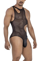 Black sheer mesh one-piece CandyMan 99788 bodysuit with cutout details and solid black pouch at the front