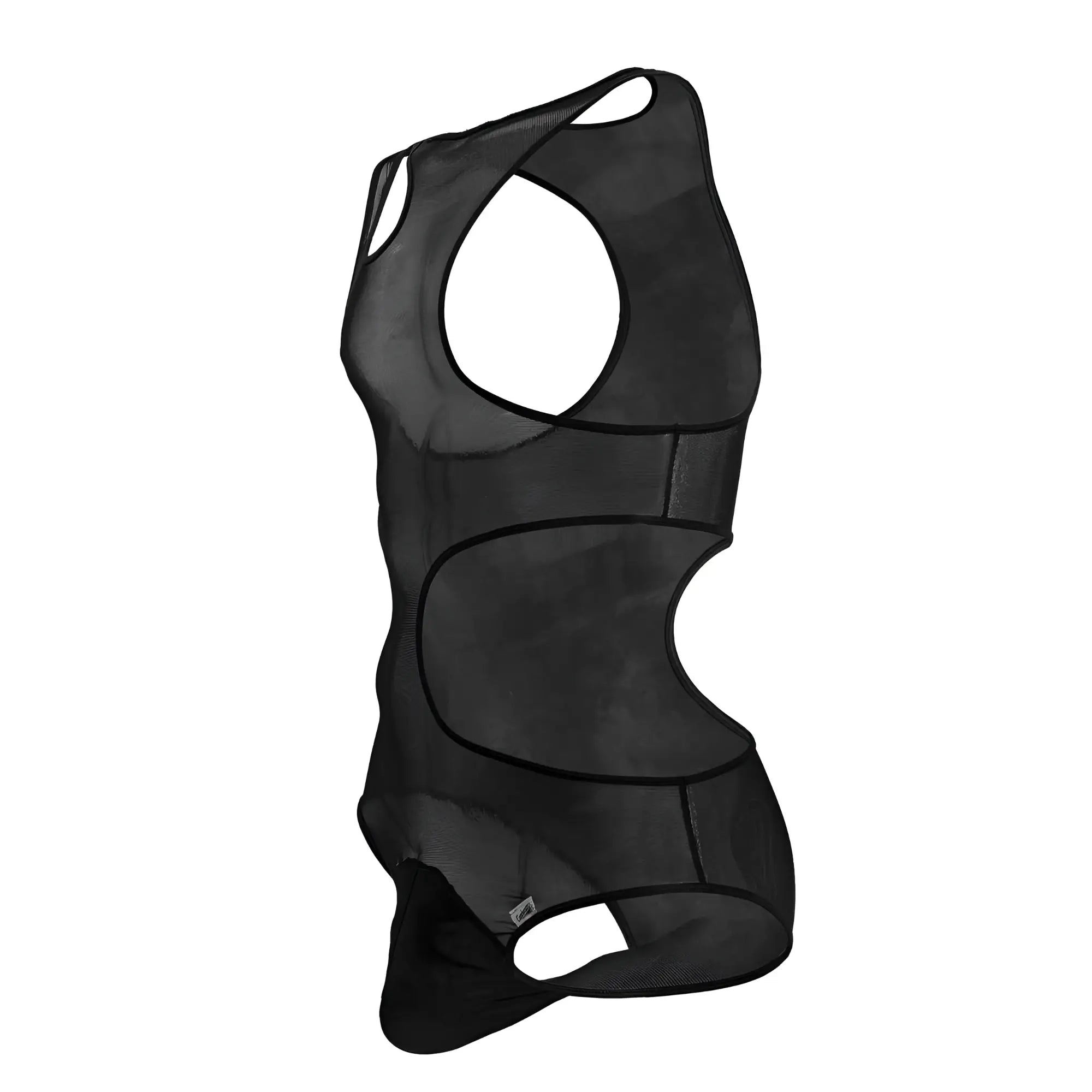 Black mesh tank top with cut-out design from candyman 99788 mesh bodysuit color black front view