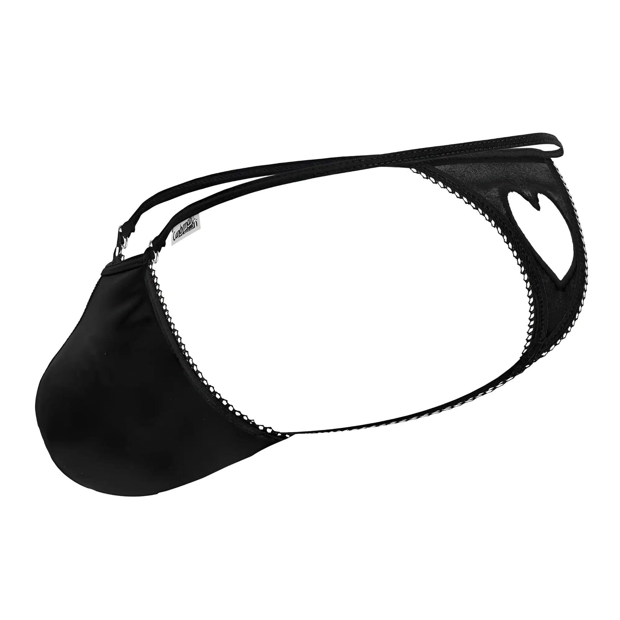 Black lace-trimmed mens thong with heart-shaped cutout and adjustable straps candyMan 99789 heart thongs black