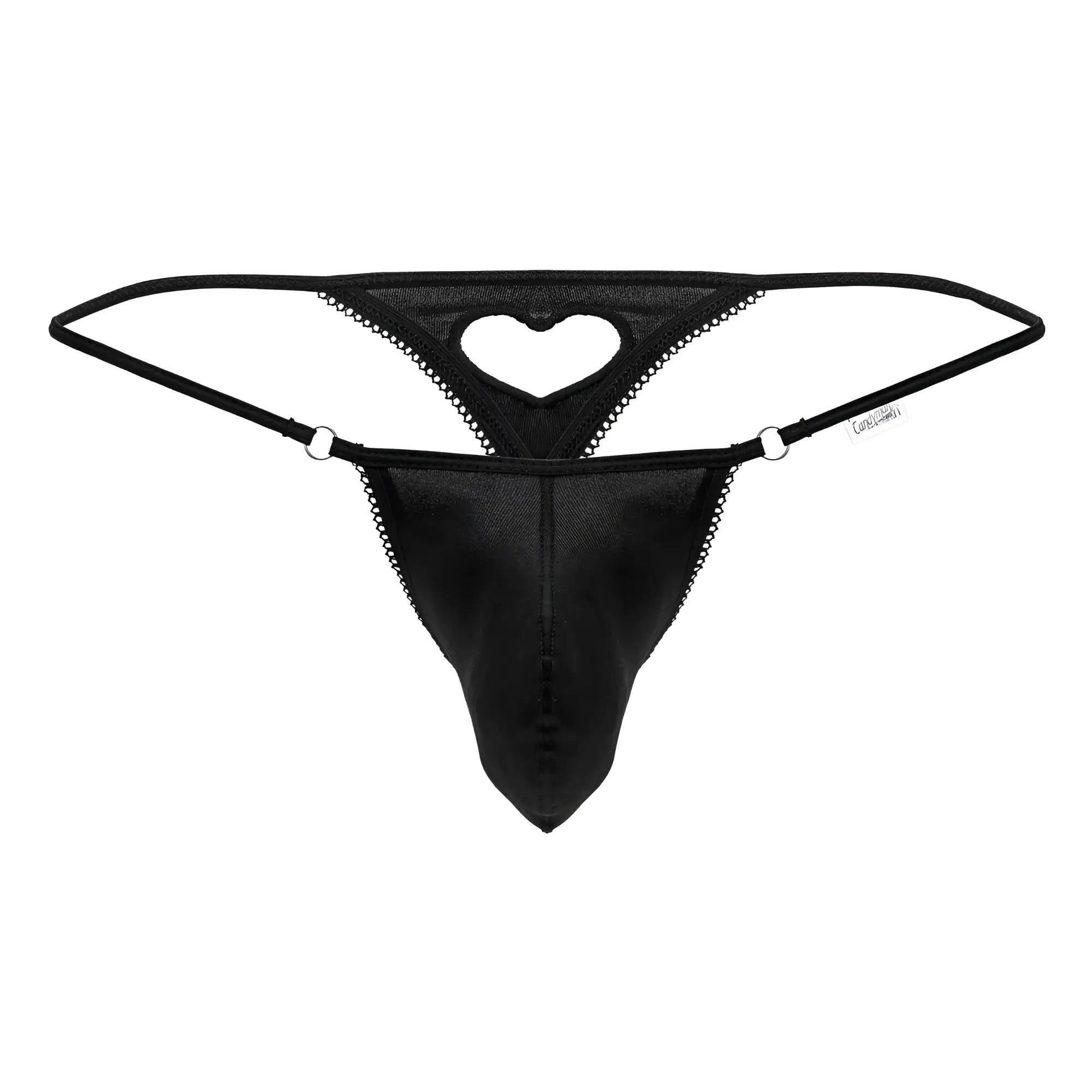 Black mesh thong with heart-shaped cutout and lace trim from candyman 99789 heart thongs in black