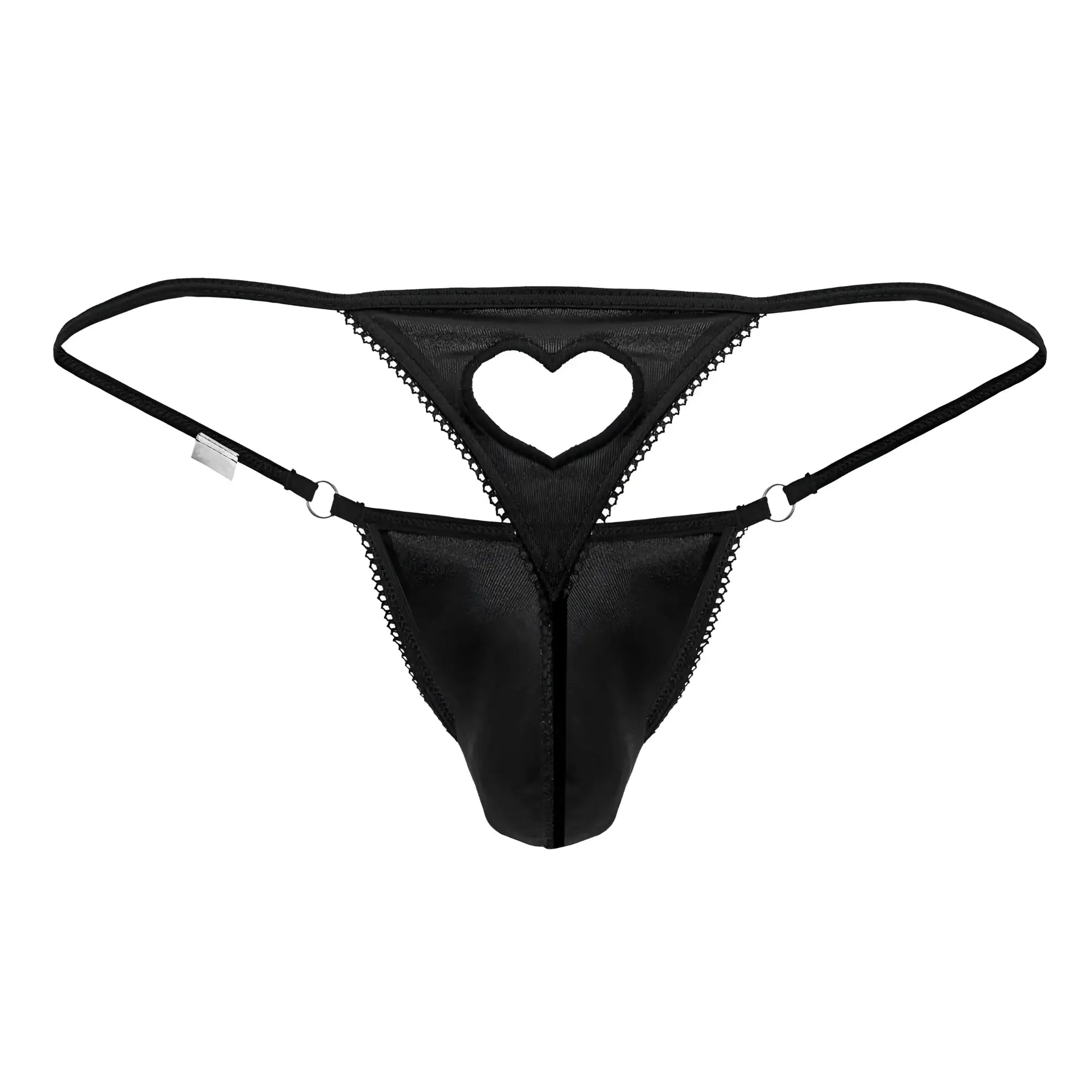 Black CandyMan 99789 heart thong with lace trim and heart-shaped cutout showing front view