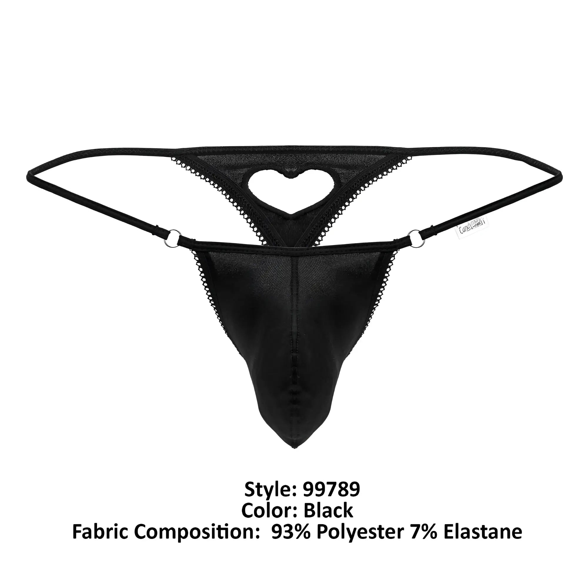 Black candyMan 99789 thong with heart-shaped cutout and lace trim shown from the back side