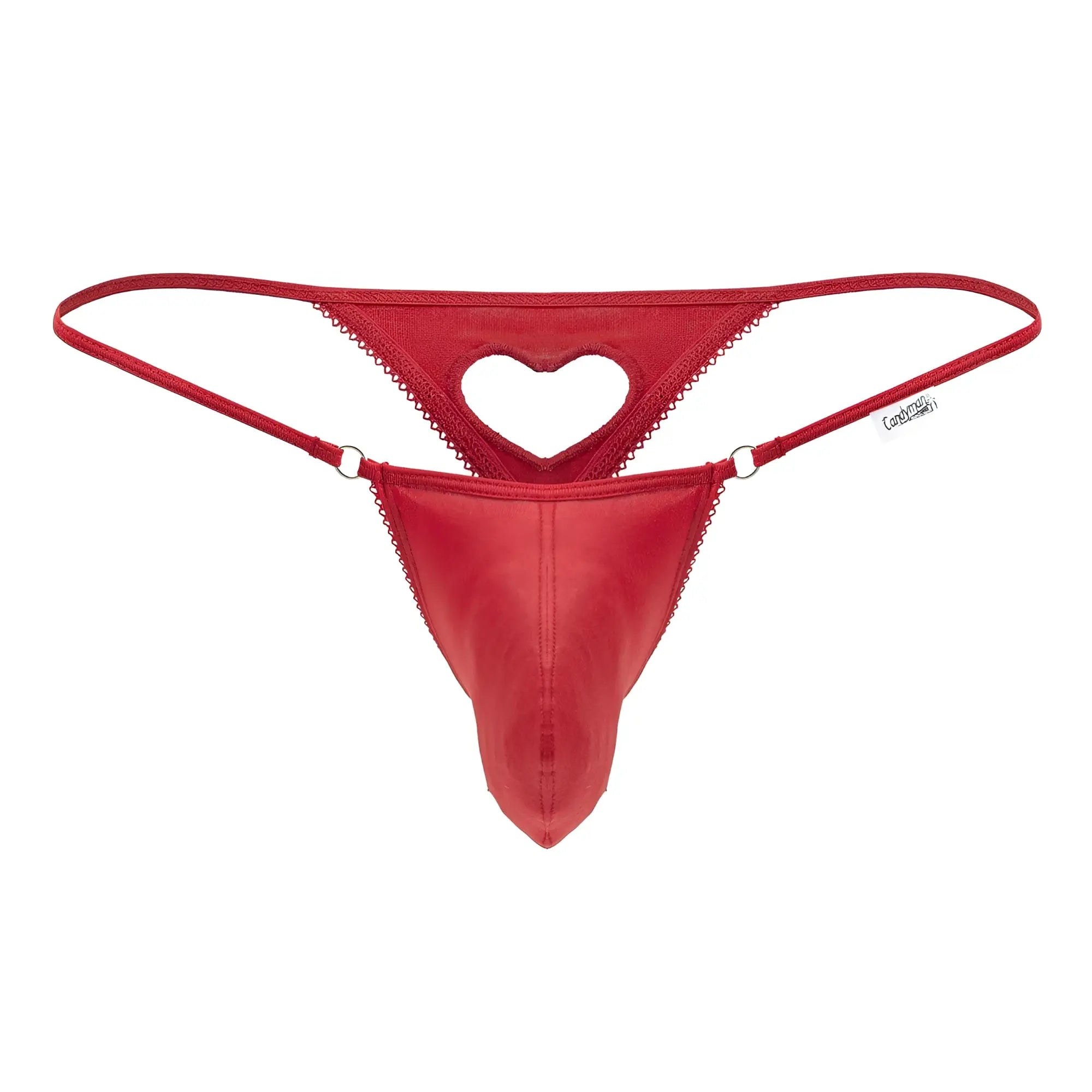 Red heart-cut thong by candyman made of smooth satin with scalloped edges and thin adjustable straps in red