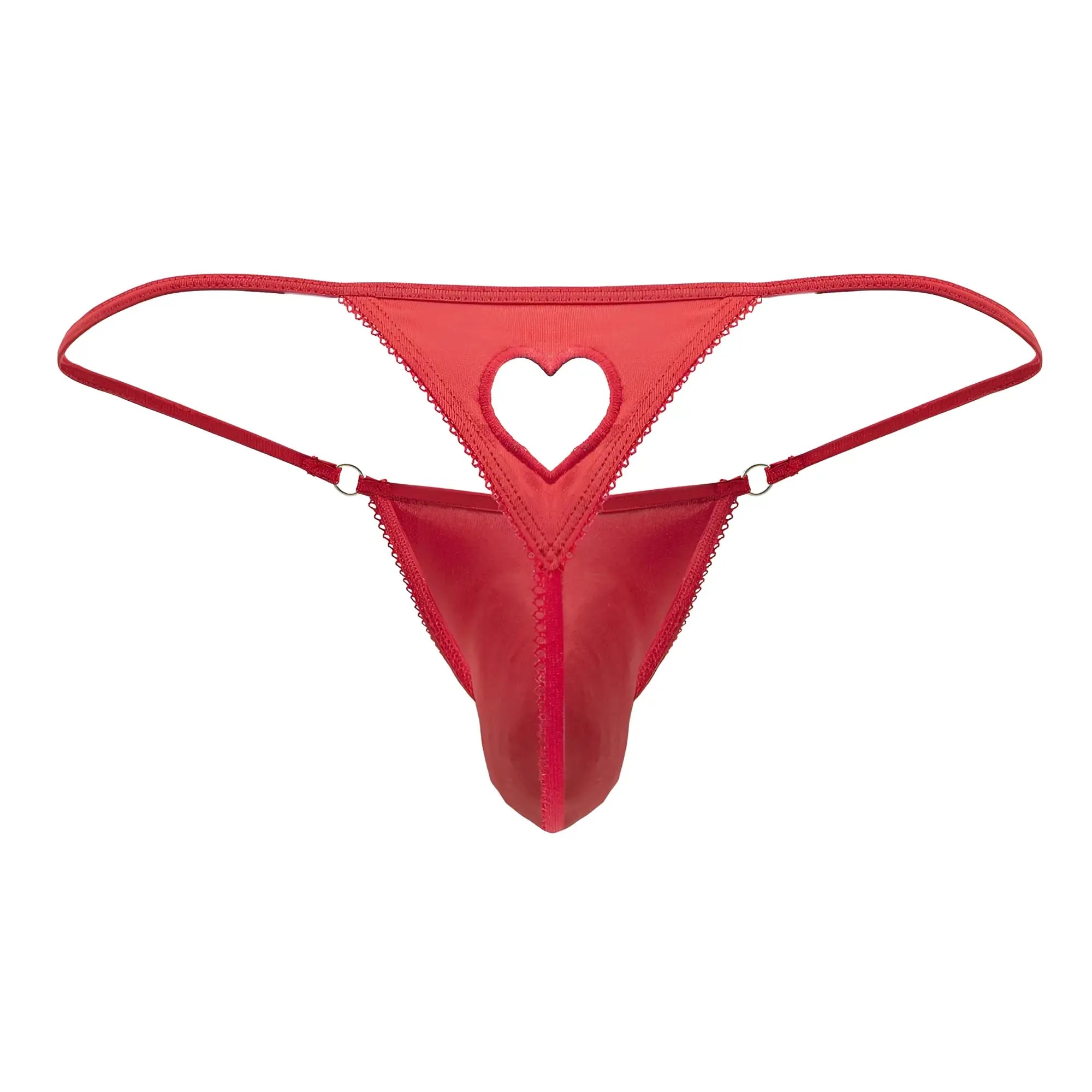 Red heart-cut thong from candyman made of smooth satin fabric with delicate lace trim in red color
