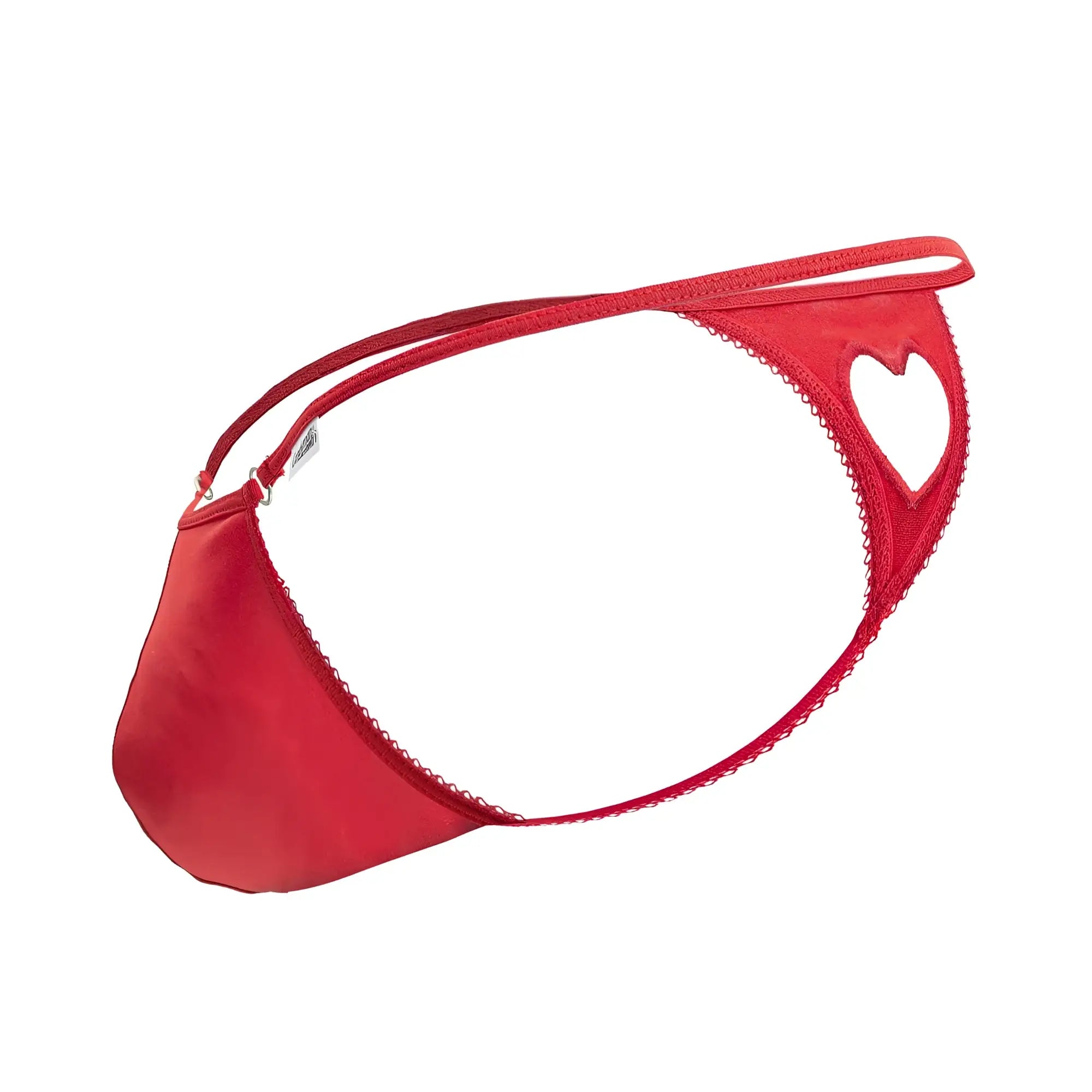 Red satin thong candy man 99789 with heart-shaped cutout and scalloped edge detailing