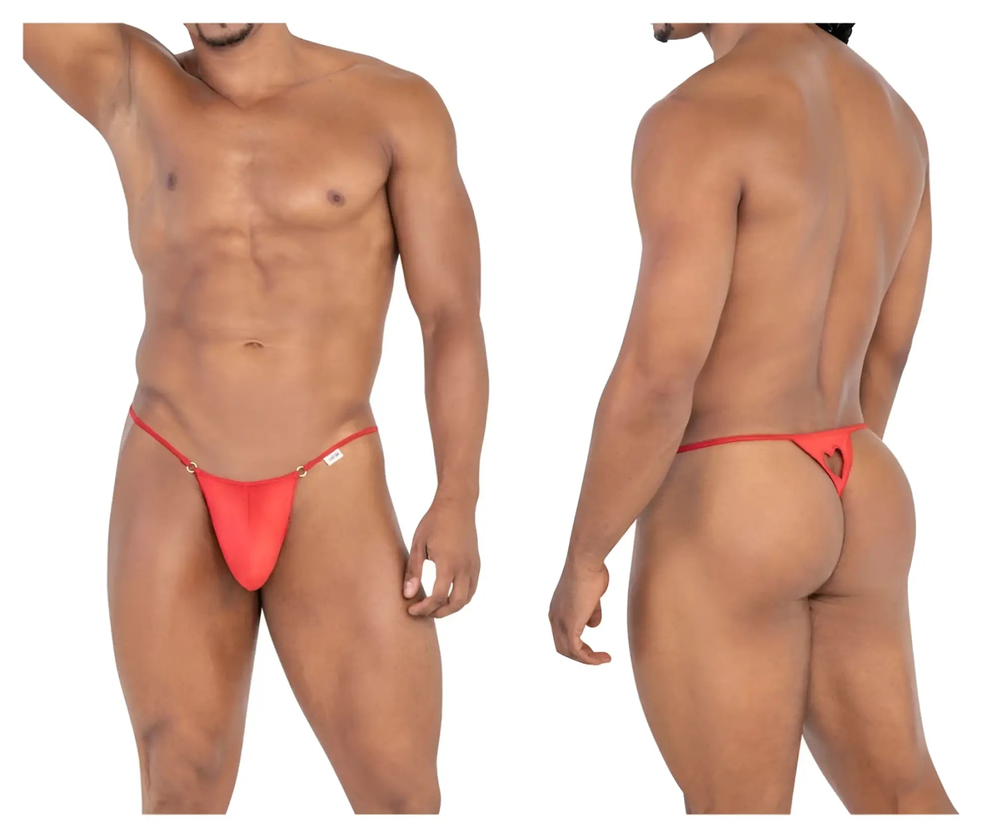 Red CandyMan 99789 heart thong back view with heart-shaped cutout and thin adjustable straps in soft fabric