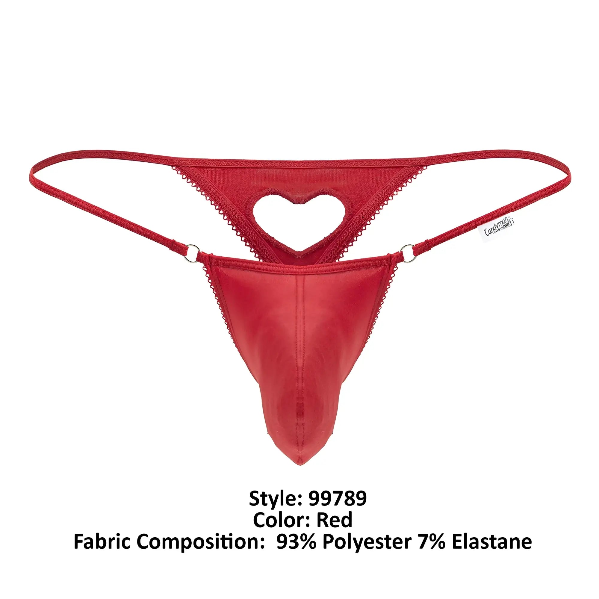 Candyman 99789 red thong with heart-shaped cutout and scalloped edges made from polyester and elastane