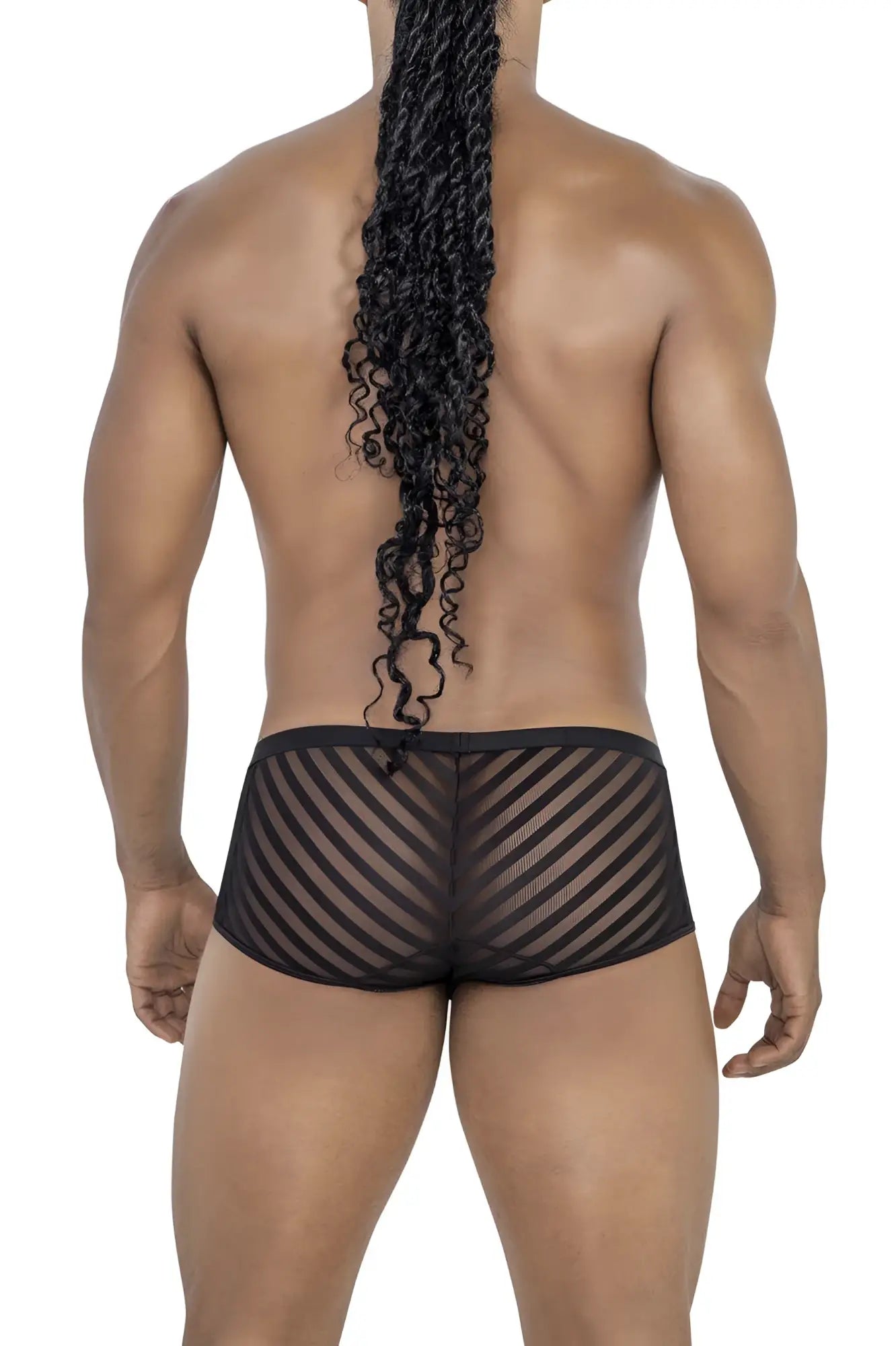 Black mesh briefs with diagonal striped pattern from candy man 99790 mesh trunks in black color