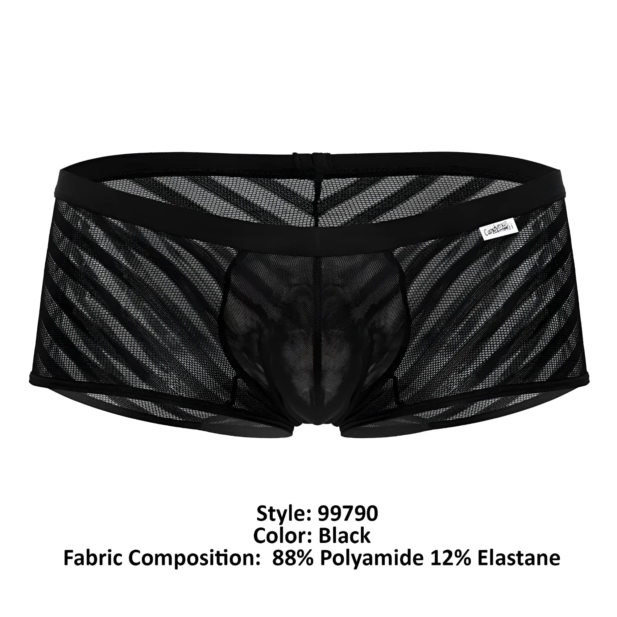 Black mesh CandyMan 99790 trunks with diagonal striped pattern and solid black waistband front view