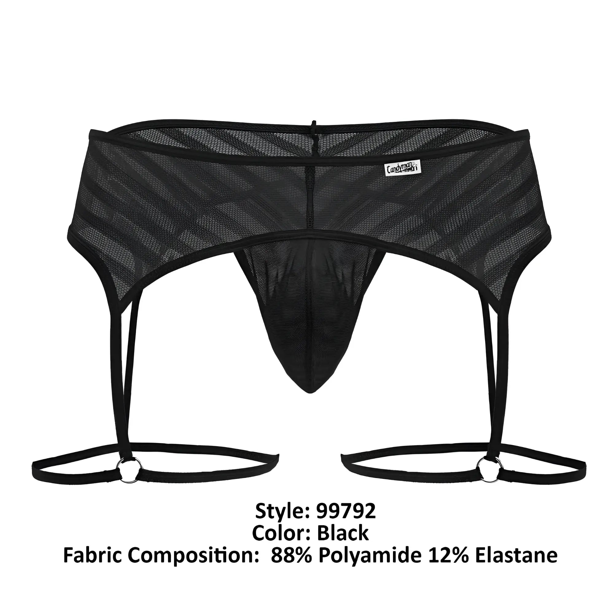 Black mesh men’s garter belt candy man 99792 with diagonal striped pattern and adjustable straps