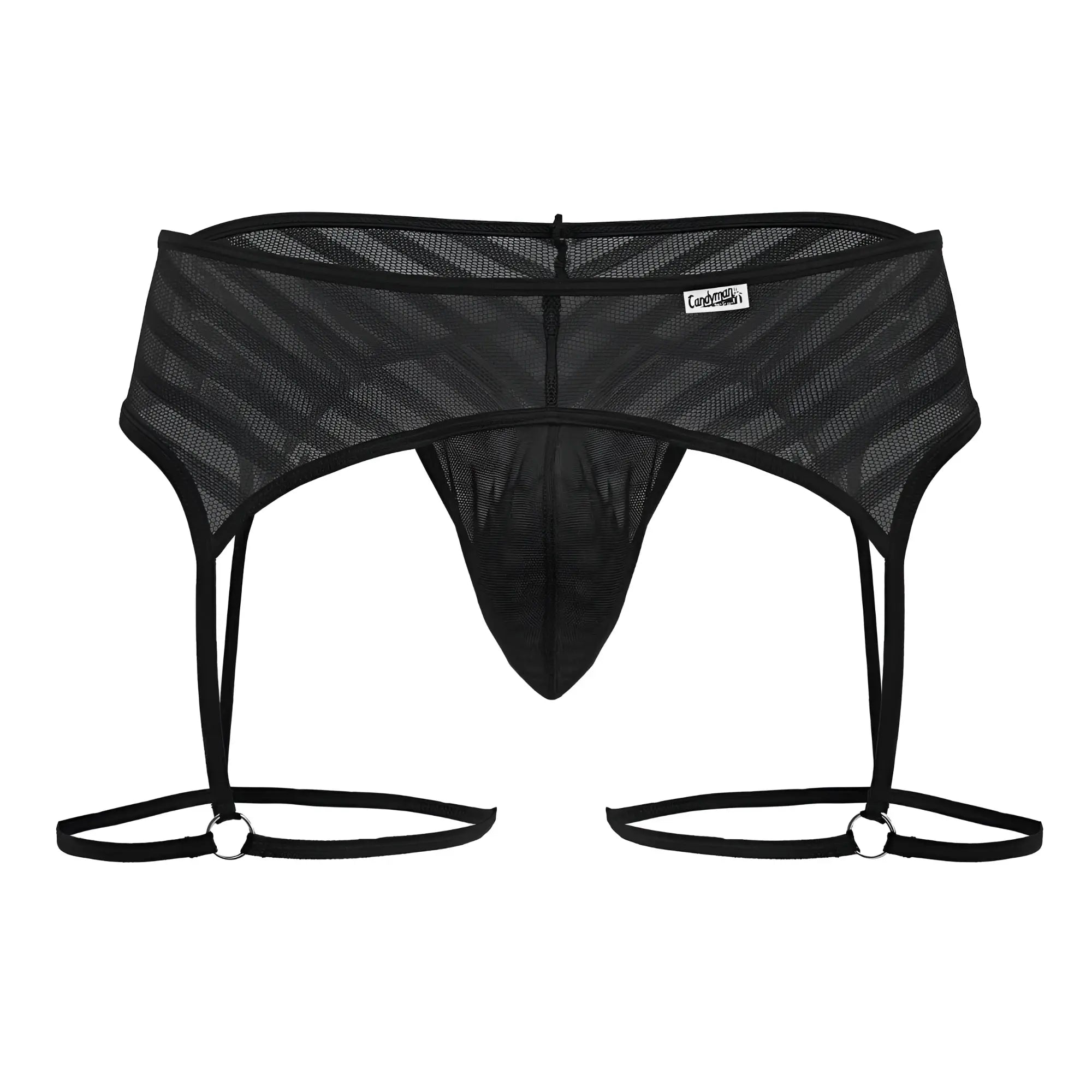 CandyMan 99792 black mesh men’s garter thong with diagonal stripe pattern and adjustable straps