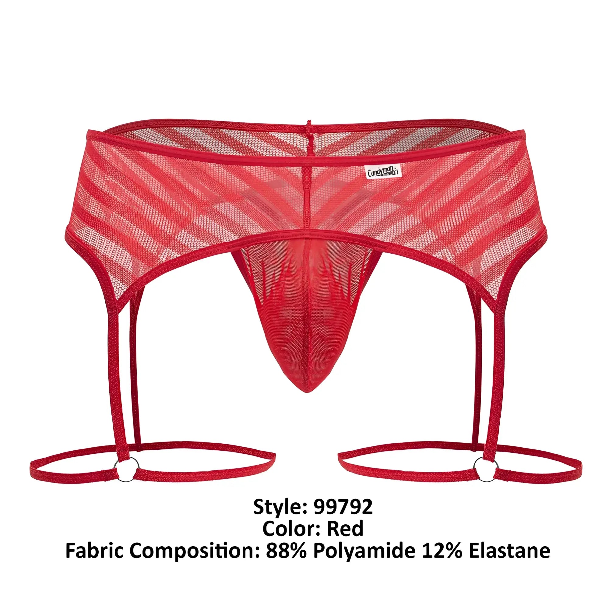 Red mesh garter belt with diagonal stripes and adjustable straps from candyman 99792 in red color