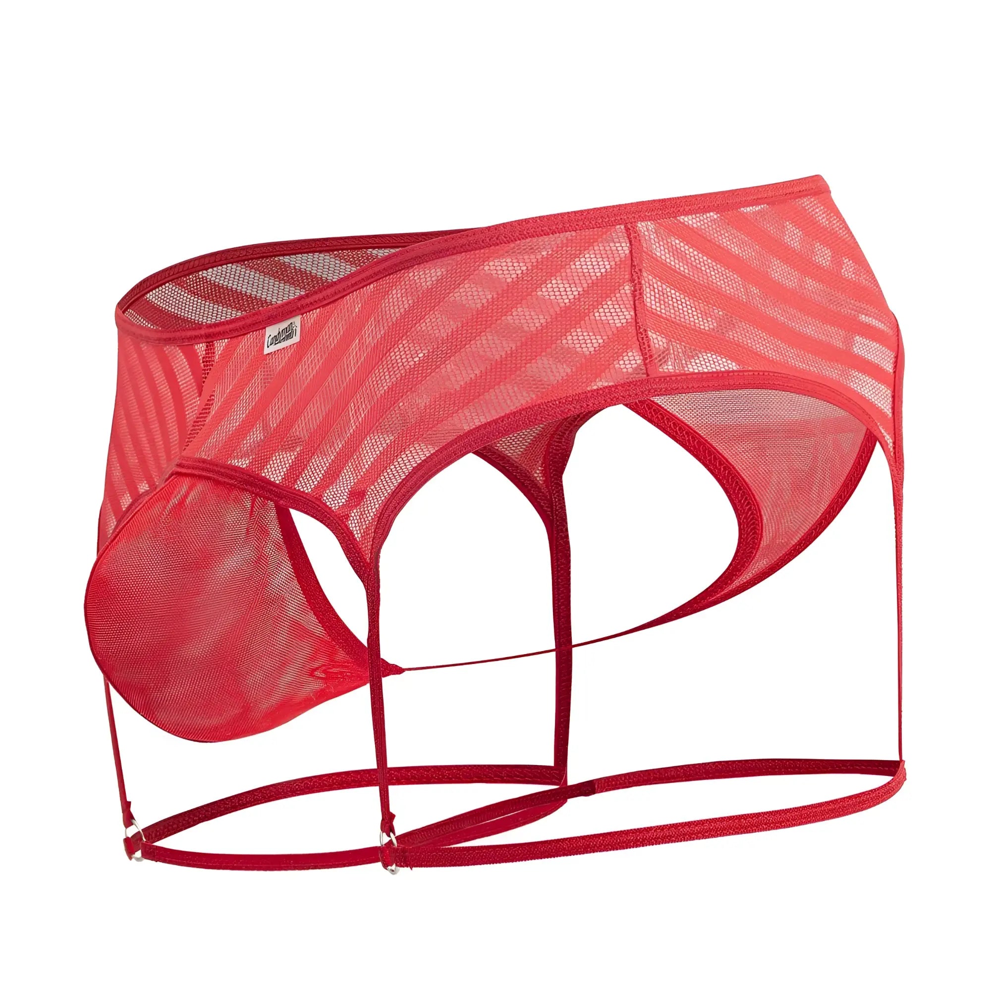 CandyMan 99792 mesh garter thongs in red with diagonal pattern and supportive straps shown from the back side