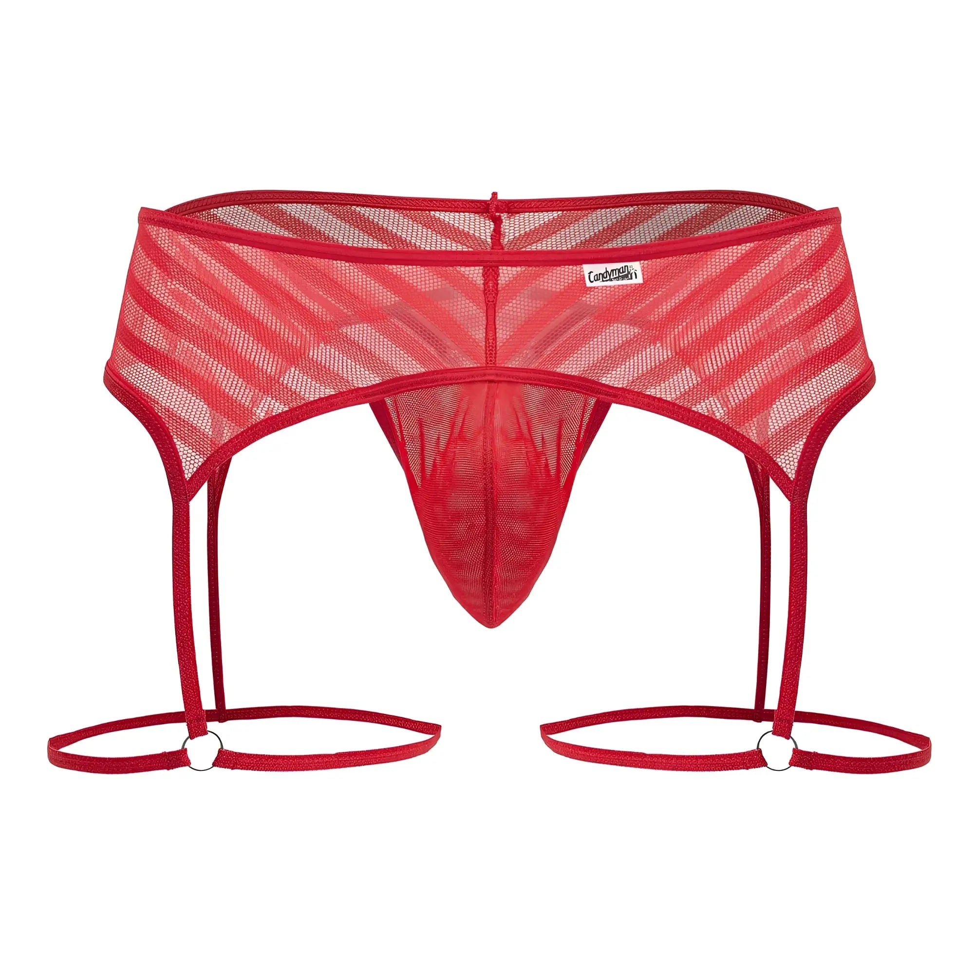 CandyMan 99792 red mesh garter thong with diagonal striped pattern and adjustable straps shown from the back