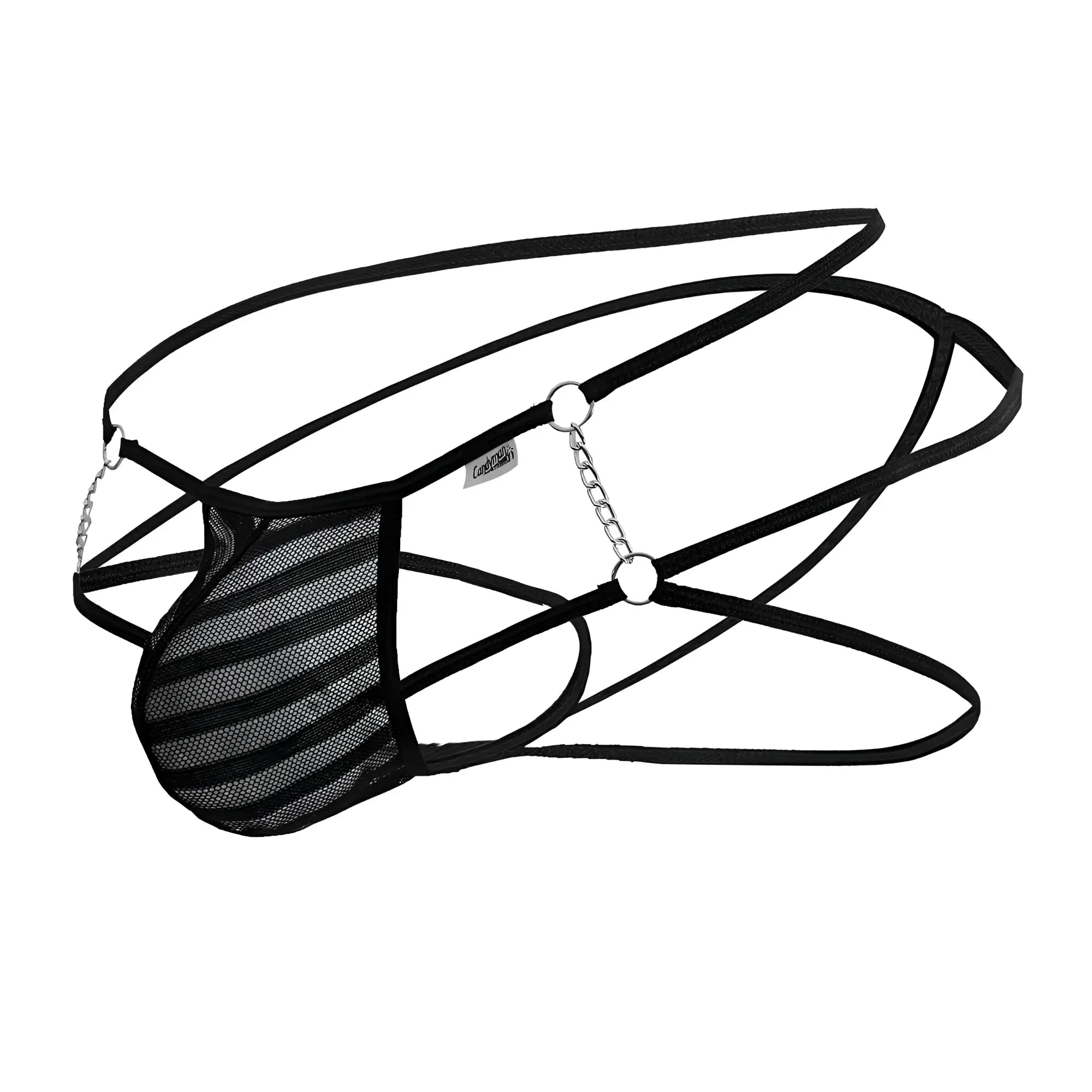 Black candyman 99793 mesh jock thong with striped pattern and silver chain detailing for men