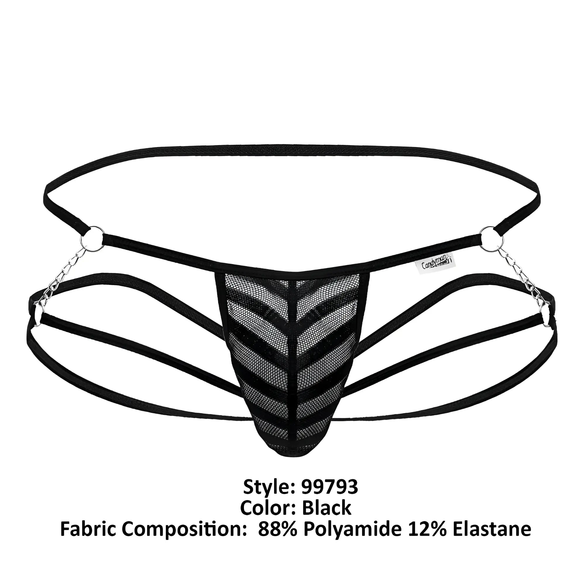 Black mesh thong with chevron pattern and silver chain detailing from Candyman 99793 mesh jock thongs