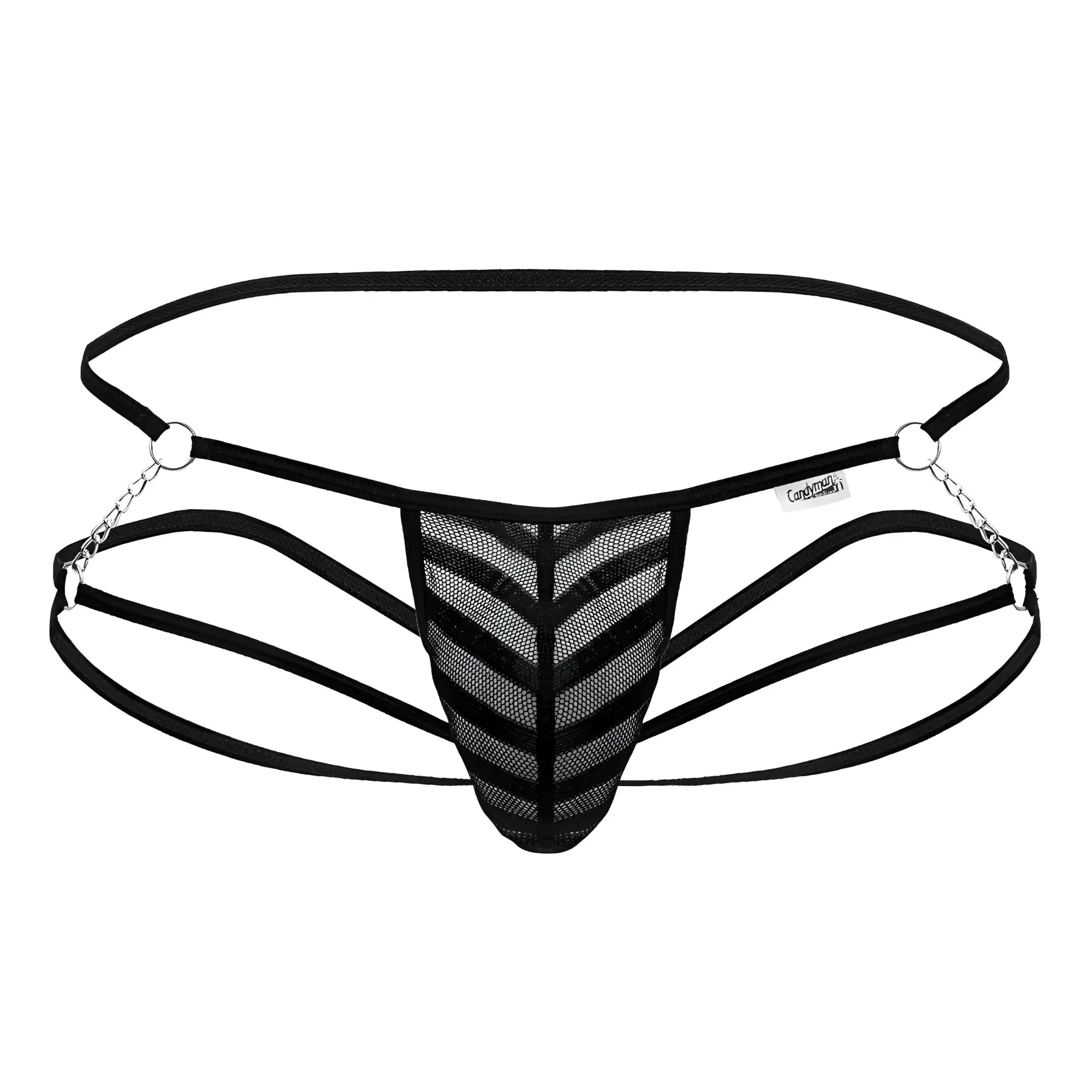 Black mesh thong with chevron pattern adjustable straps and silver chain accents candyMan 99793 mesh jock thongs