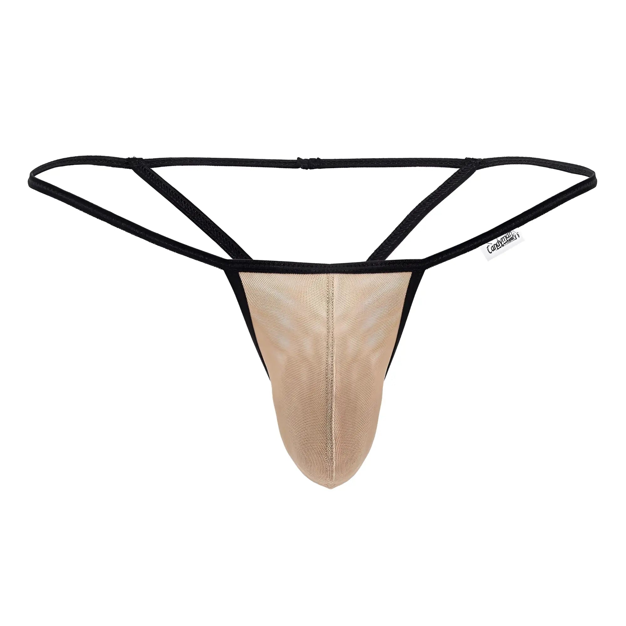 Beige Candyman 99795 mesh g-string thong with black accents and supportive contoured design front view