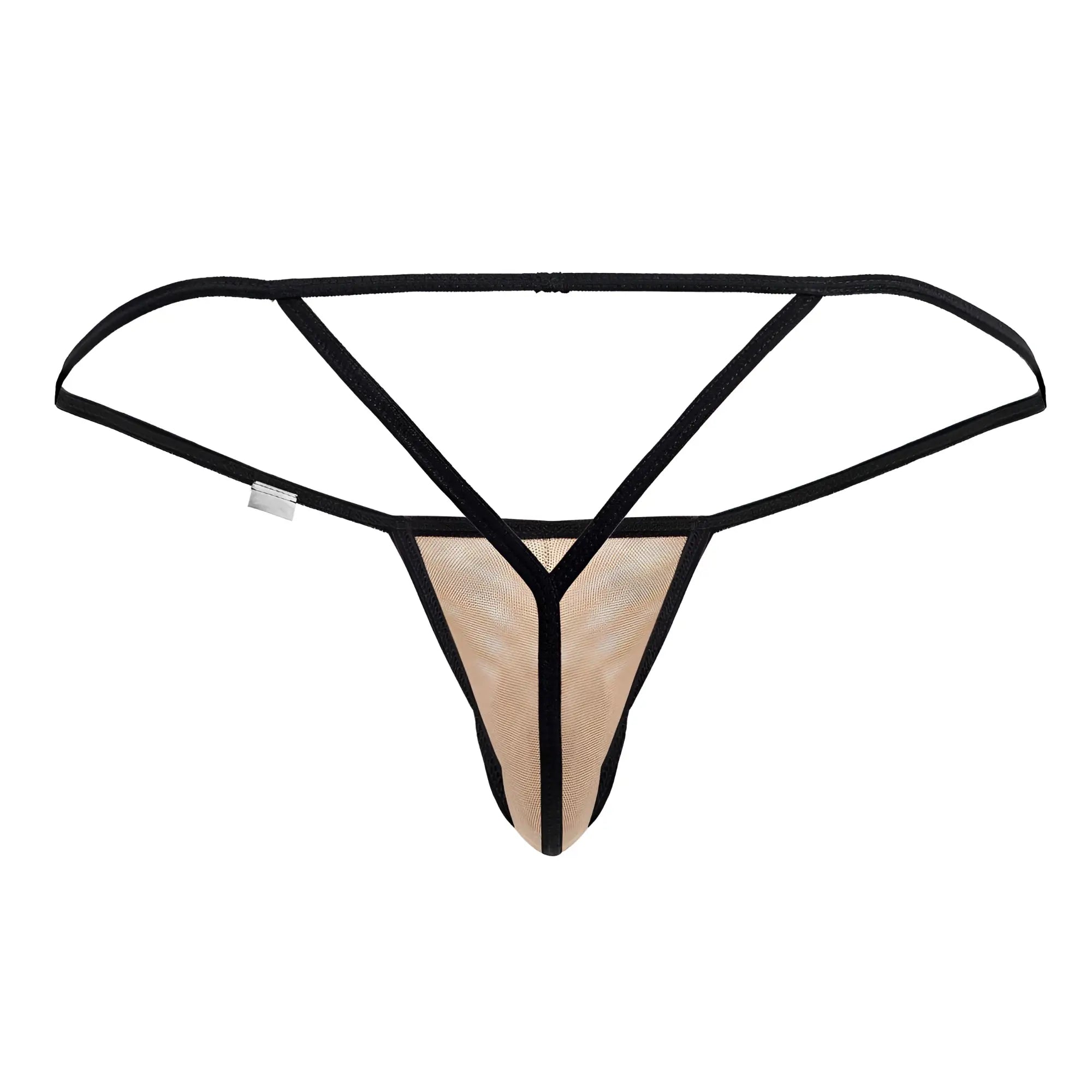 Beige CandyMan 99795 mesh g-string thong with black crisscross design and supportive mesh fabric visible from the back