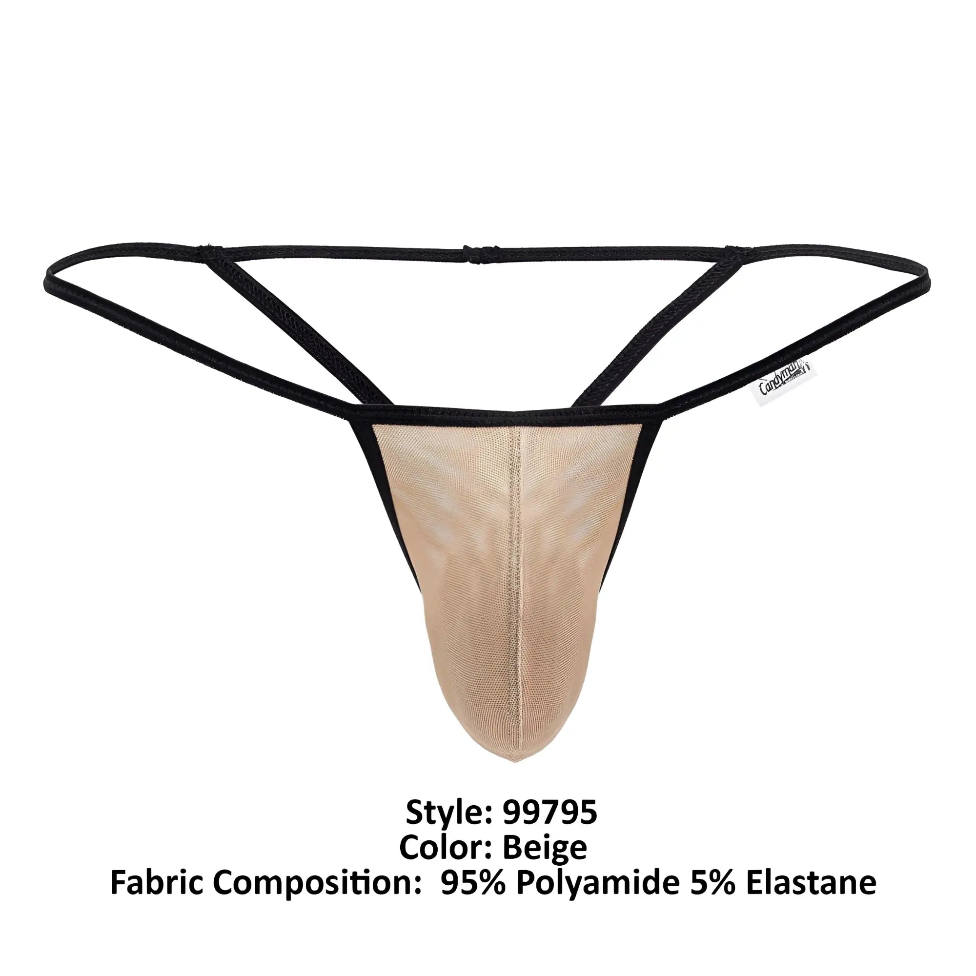 Beige CandyMan 99795 mesh g-string thong with black elastic straps and a branded tag visible on the front side