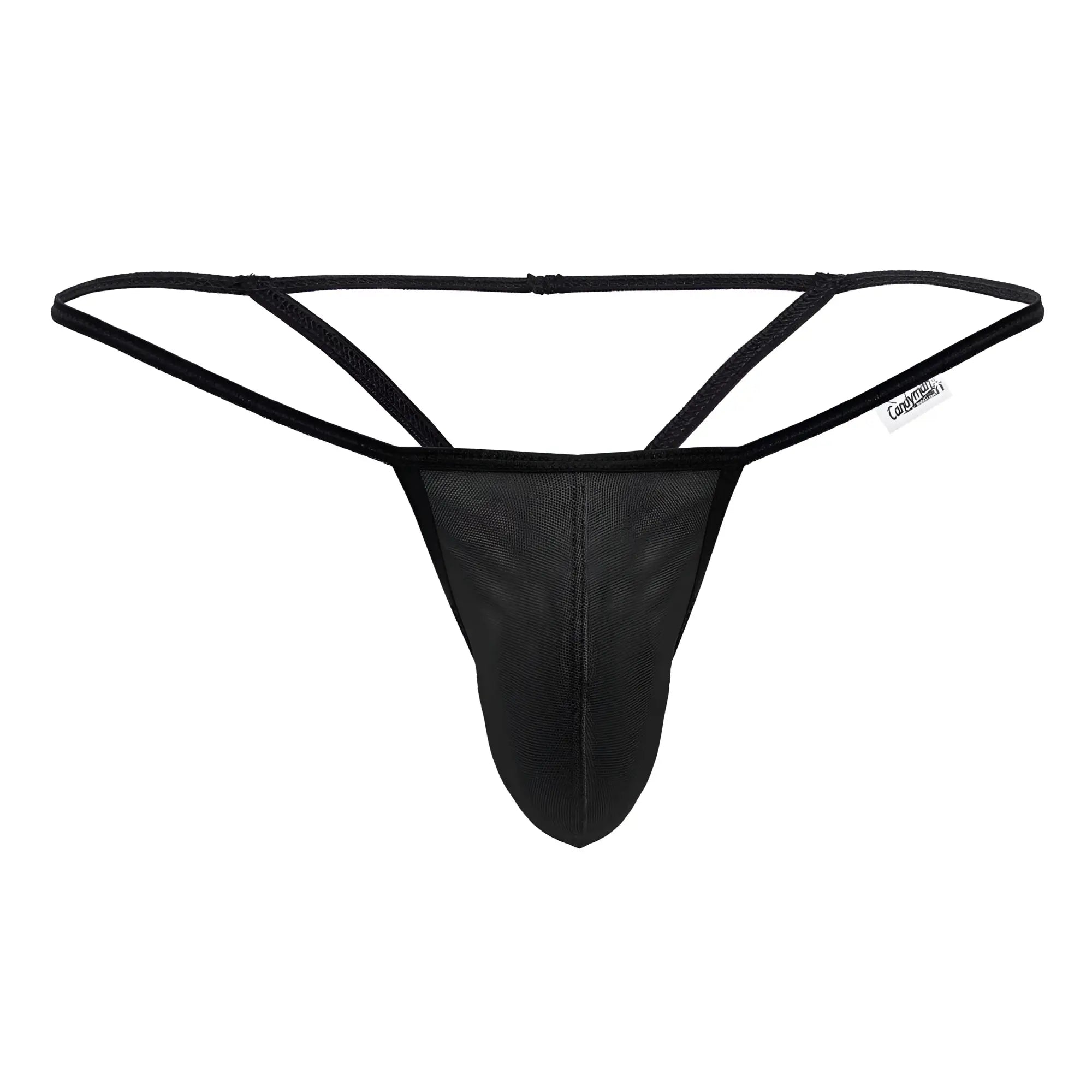 Black mesh CandyMan 99795 g-string thong with thin adjustable waistband and reinforced stitching shown from the back side