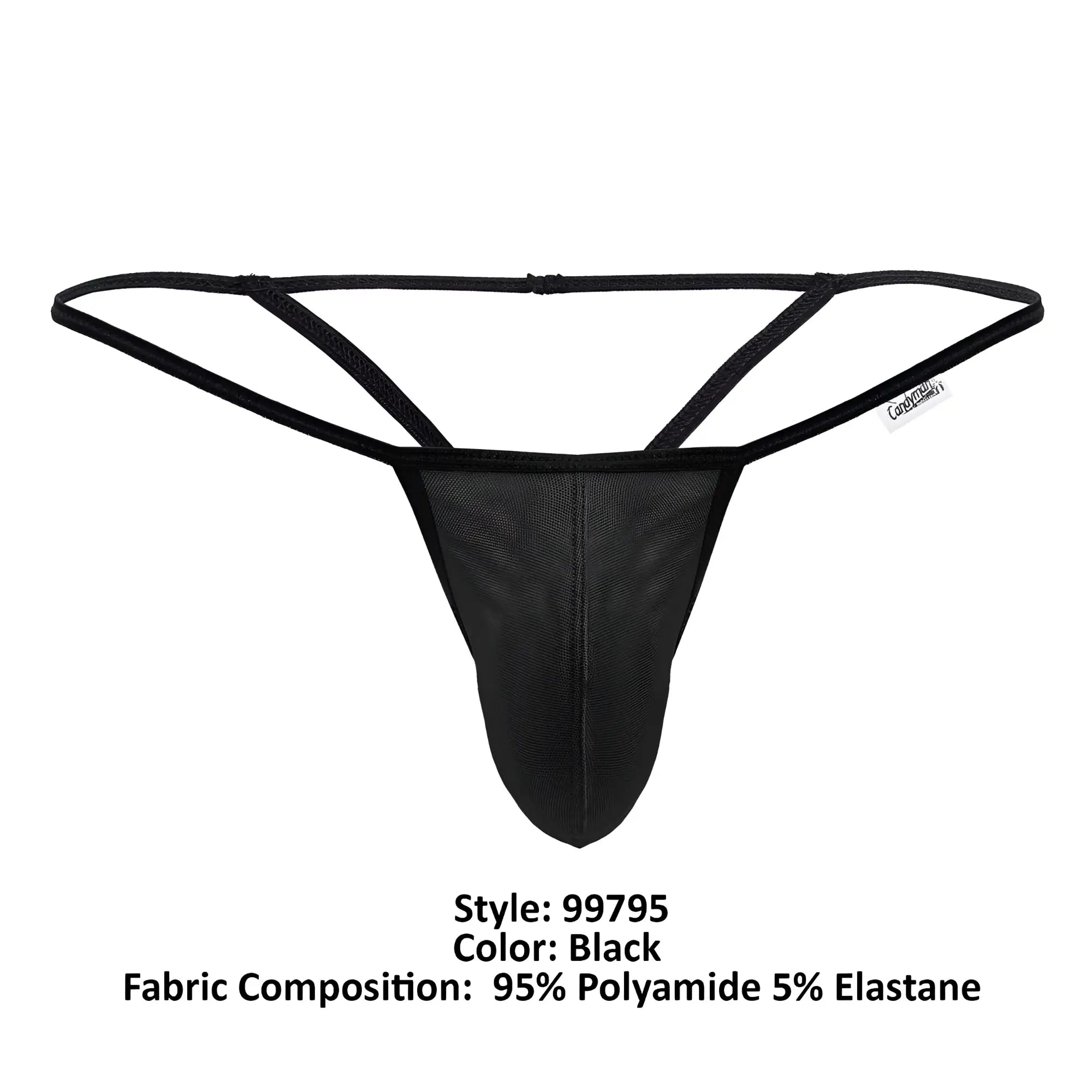 Black mesh CandyMan 99795 G-string thong with supportive contoured design and thin elastic straps shown from the back