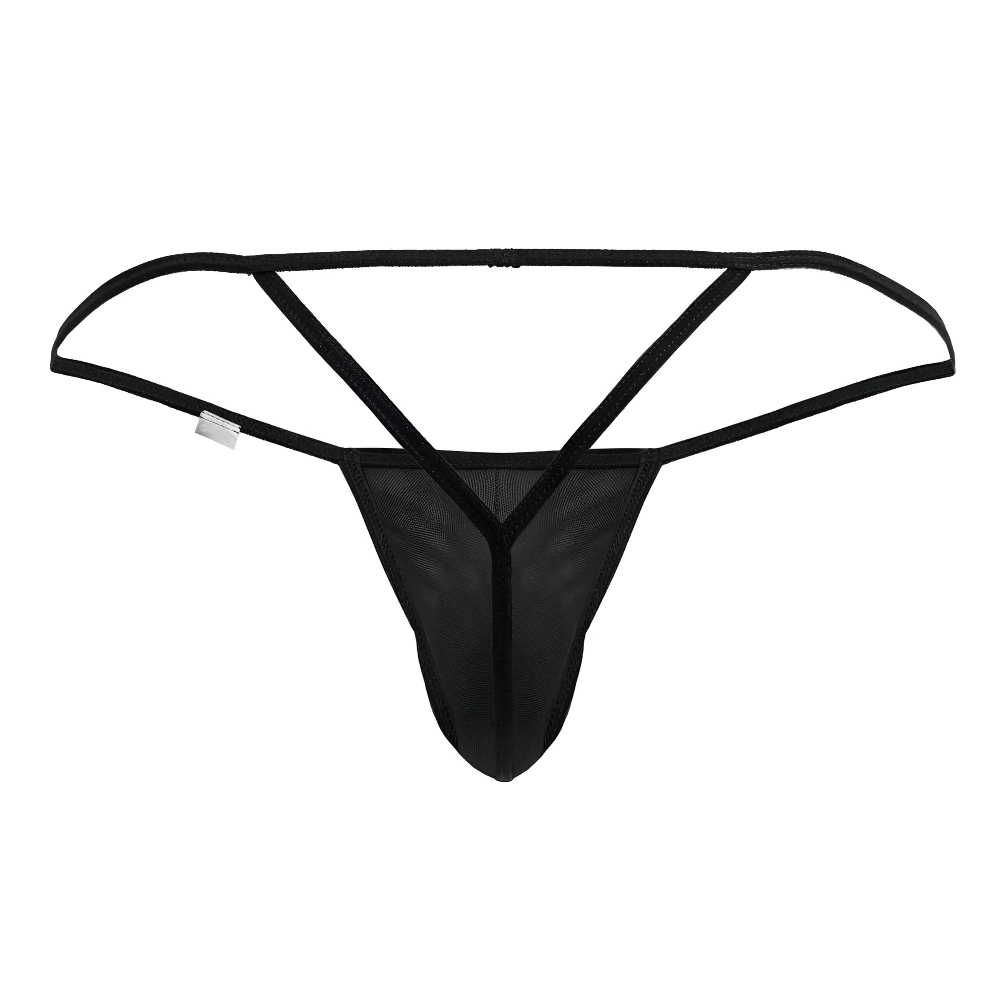 Black mesh g-string thong by candyman 99795 with thin supportive straps and minimalist design shown from the back