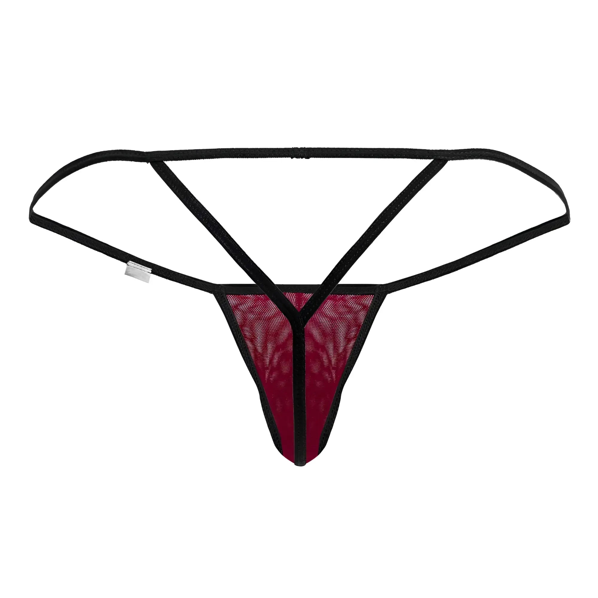CandyMan 99795 mesh g-string thong in black and burgundy lace with a sheer mesh design shown from the back side