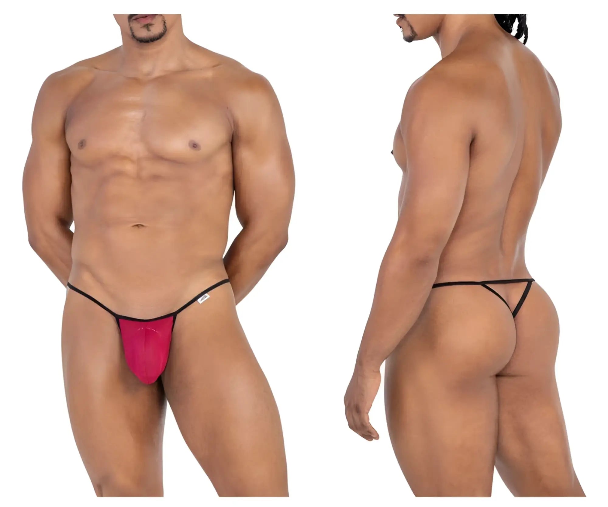 Bright pink candy man 99795 mesh g-string thong with black trim and small white logo on the side