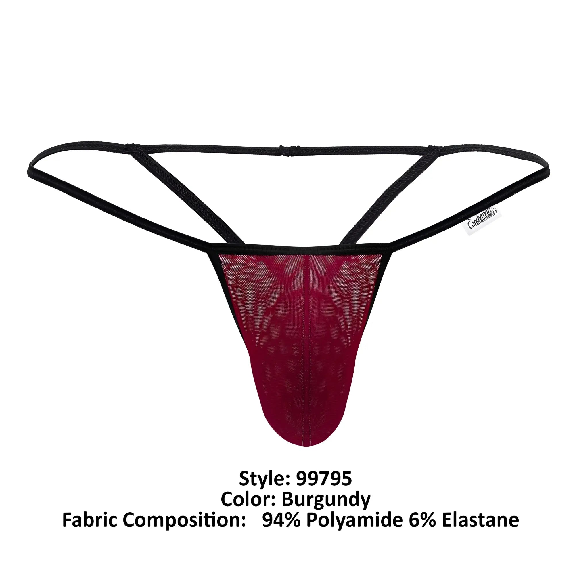 Burgundy lace mesh g-string thong with black elastic straps and a subtle gradient effect by CandyMan 99795