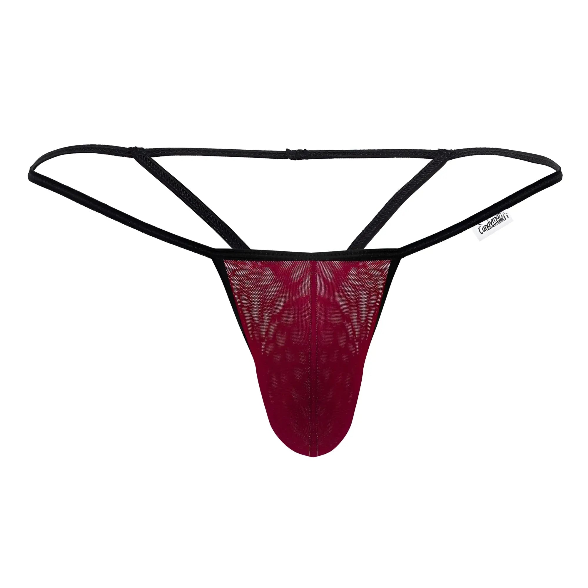 A maroon lace candy man 99795 mesh g-string thong with black elastic straps and a branded tag shown from the back