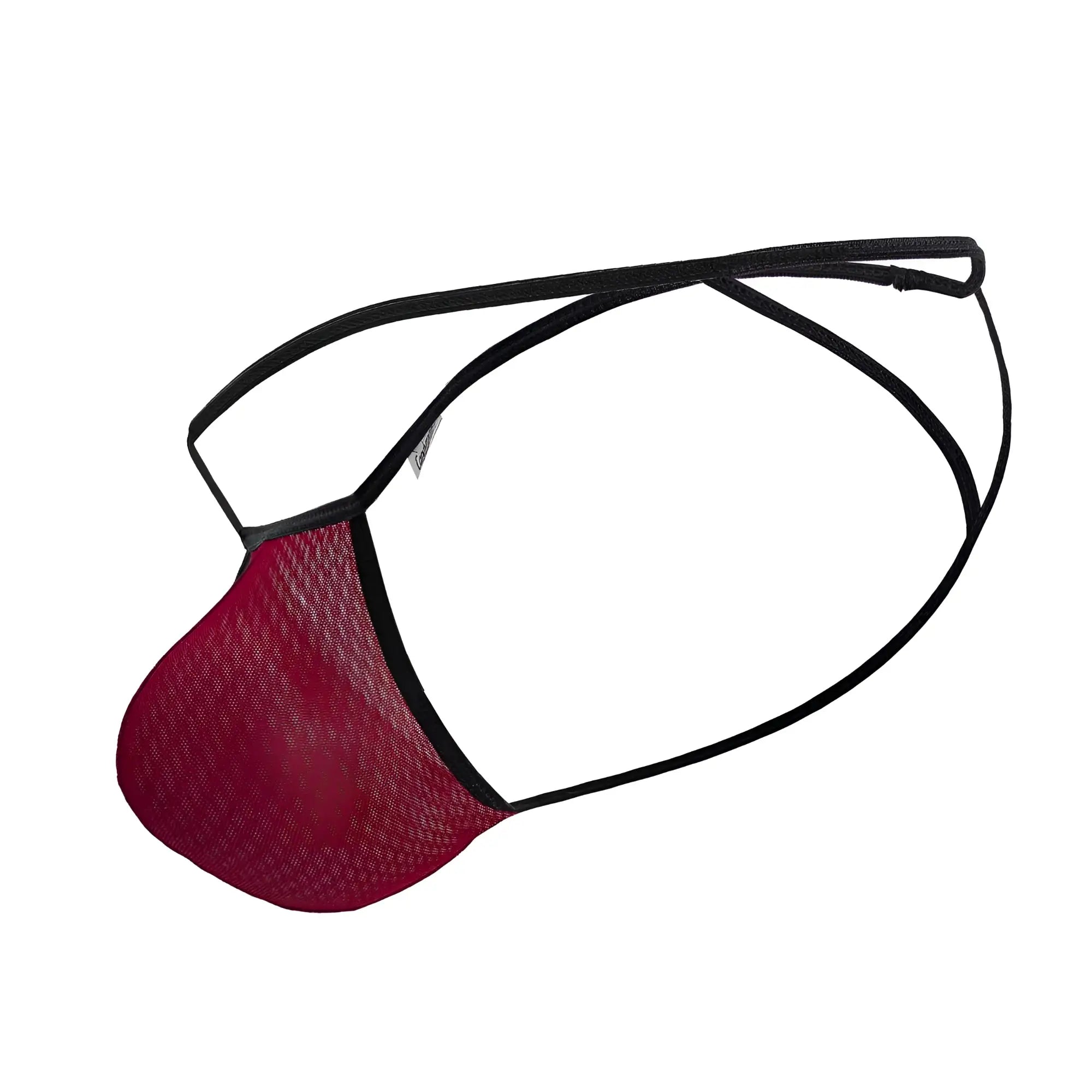 CandyMan 99795 burgundy mesh G-string thong with red mesh front and black elastic straps shown from back side