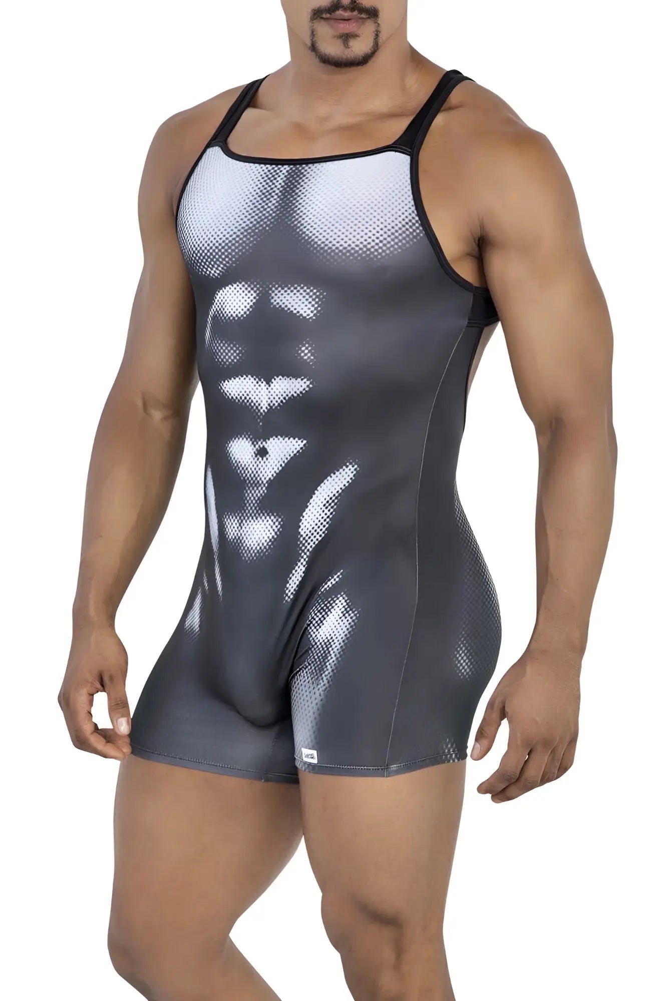 CandyMan 99796 black and white muscle tank top with detailed halftone abdominal muscle print in graphic style