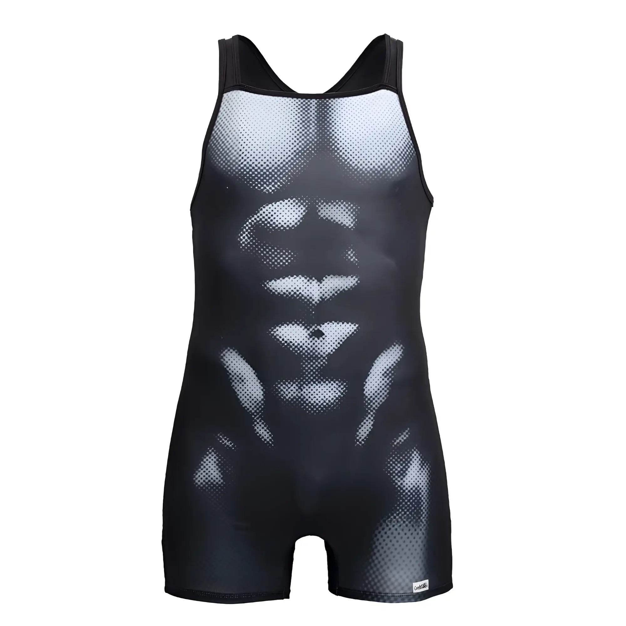 CandyMan 99796 black and white mesh-patterned wrestling singlet with detailed abdominal muscle design